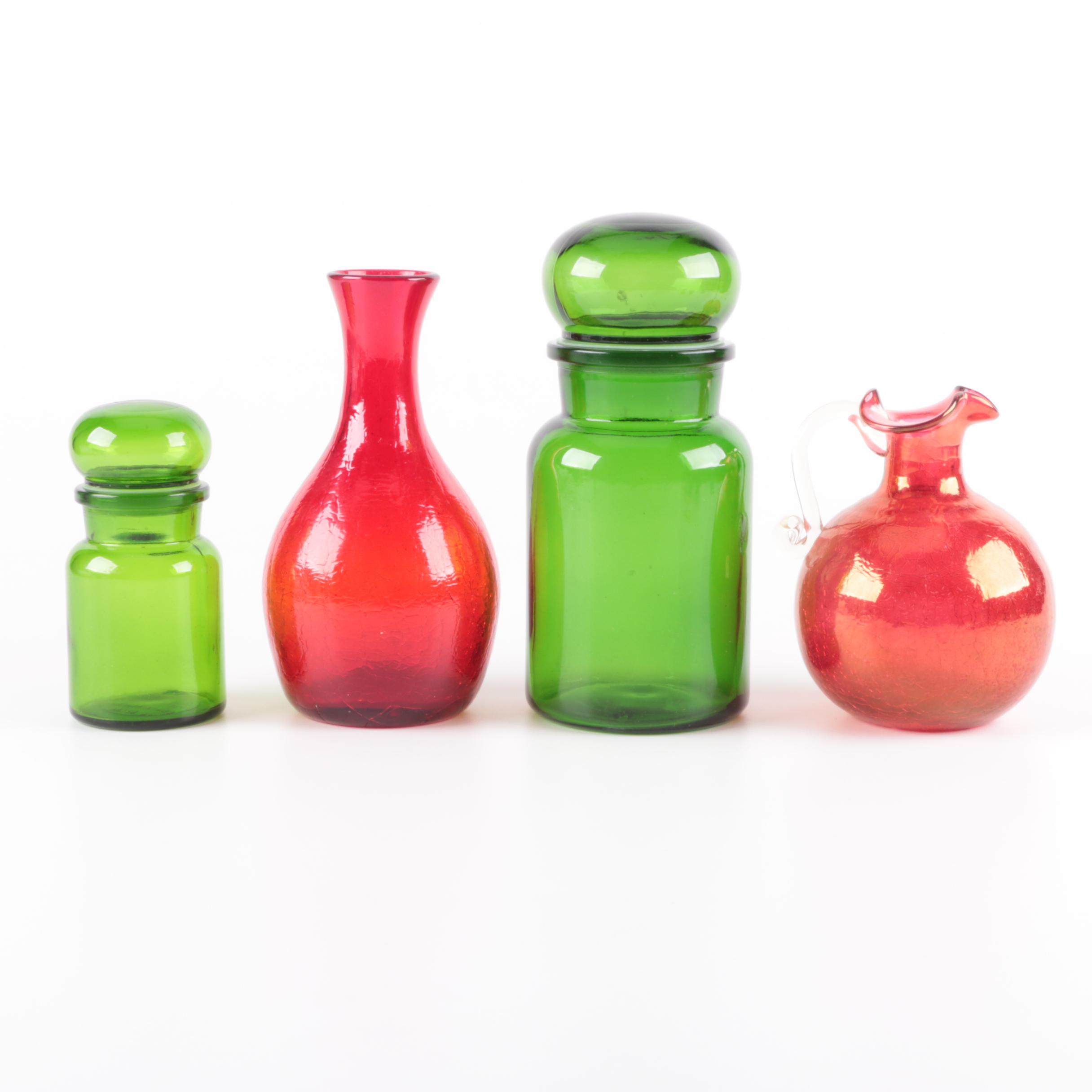 Vintage Red and Green Glass Vases and Bottles