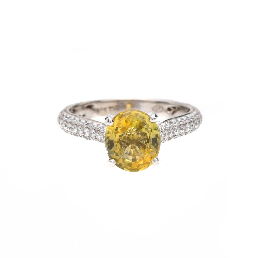 18K White Gold 2.00 CT Yellow Sapphire and Diamond Ring