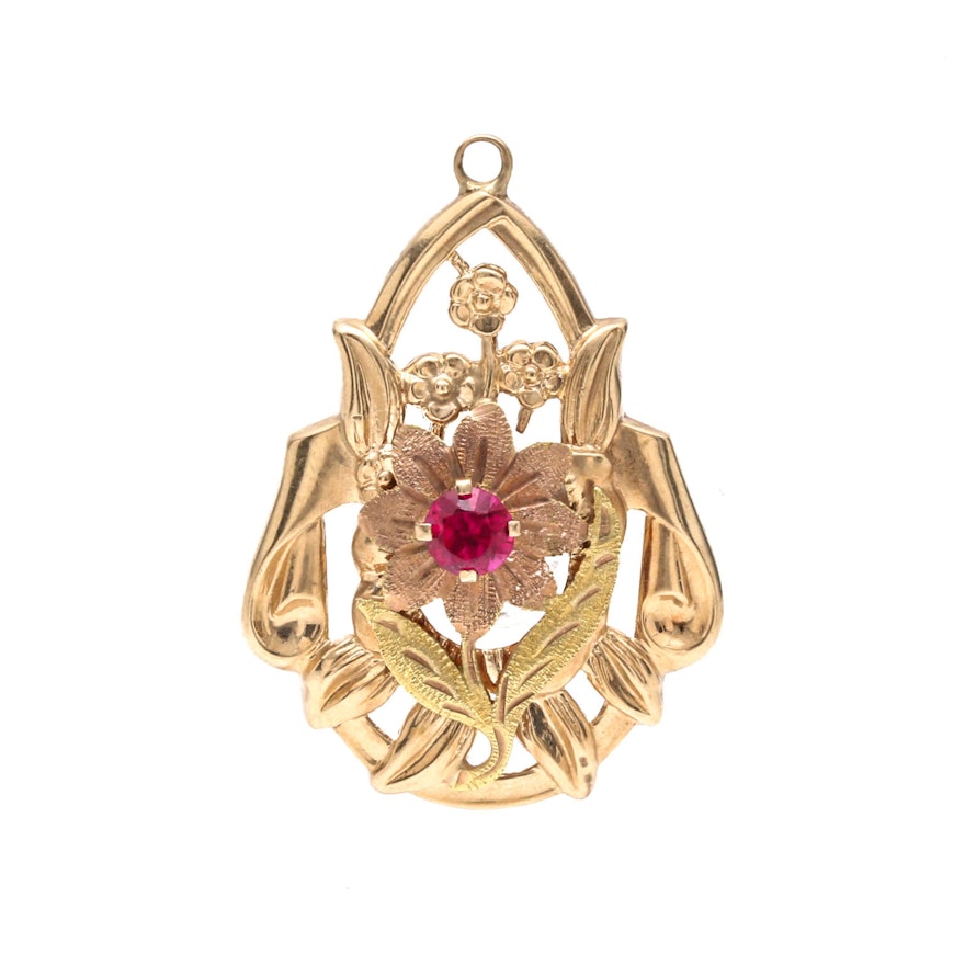 10K Yellow Gold Synthetic Ruby Floral Pendant