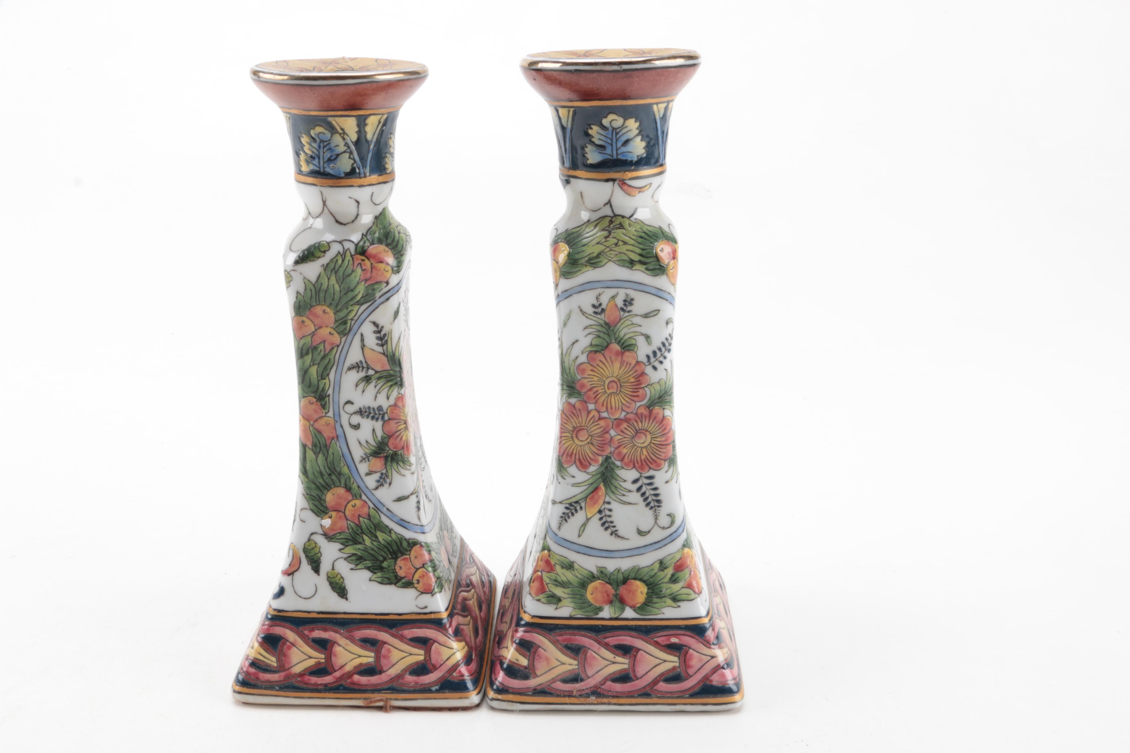 Chinese Hand-Painted Porcelain Candlestick Holders by Oriental Accent