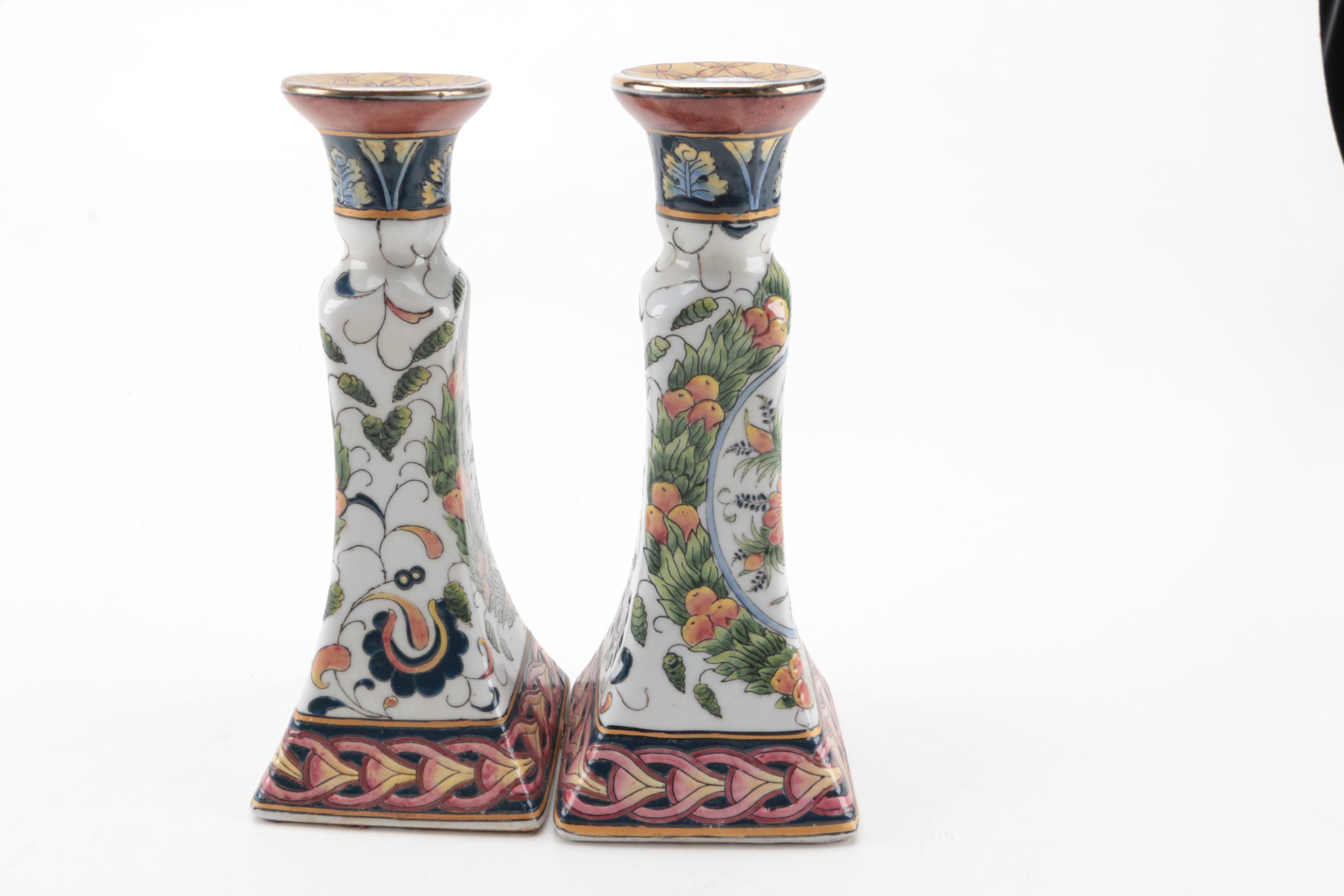 Chinese Hand-Painted Porcelain Candlestick Holders by Oriental Accent