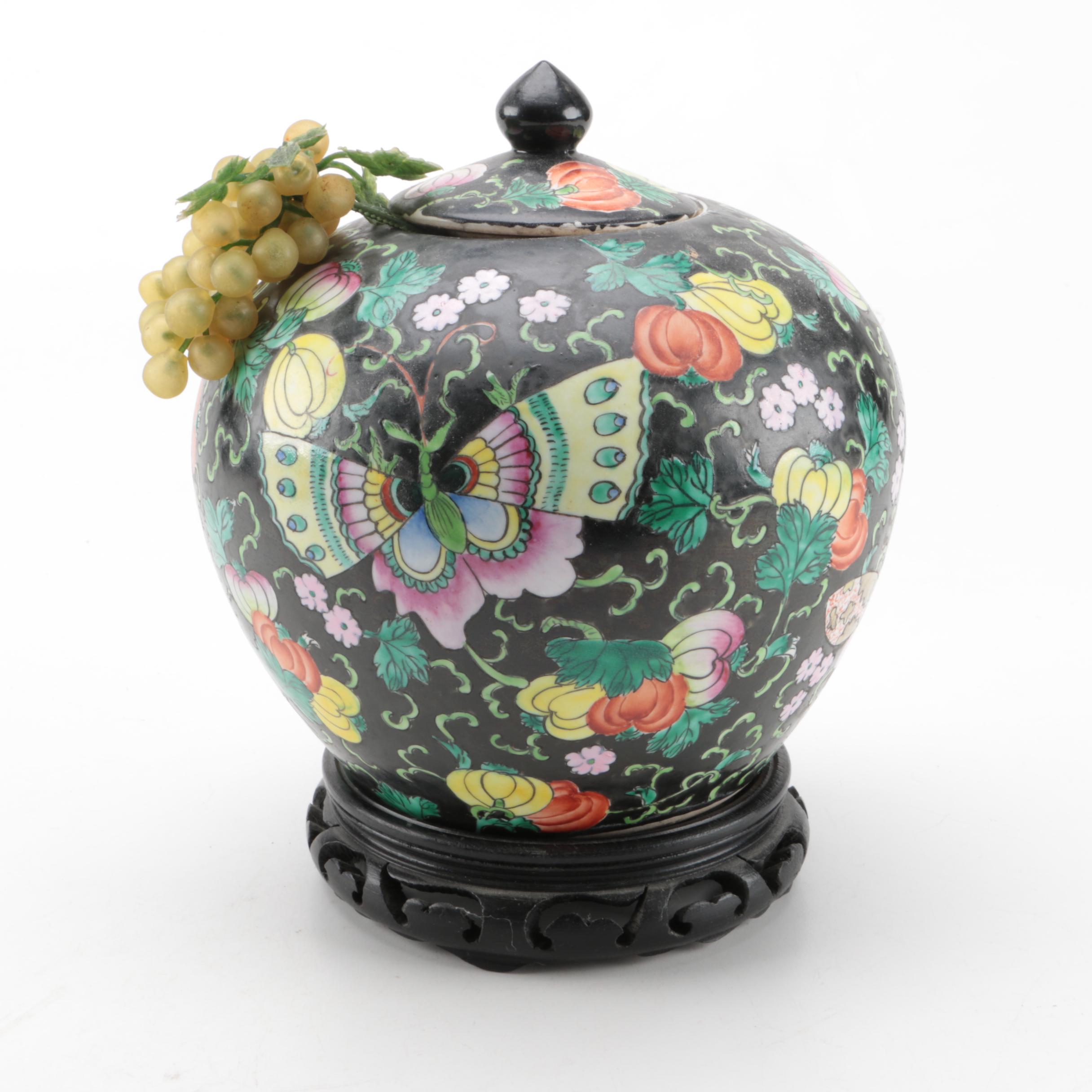 Hand Painted Chinese Ceramic Urn with Stand