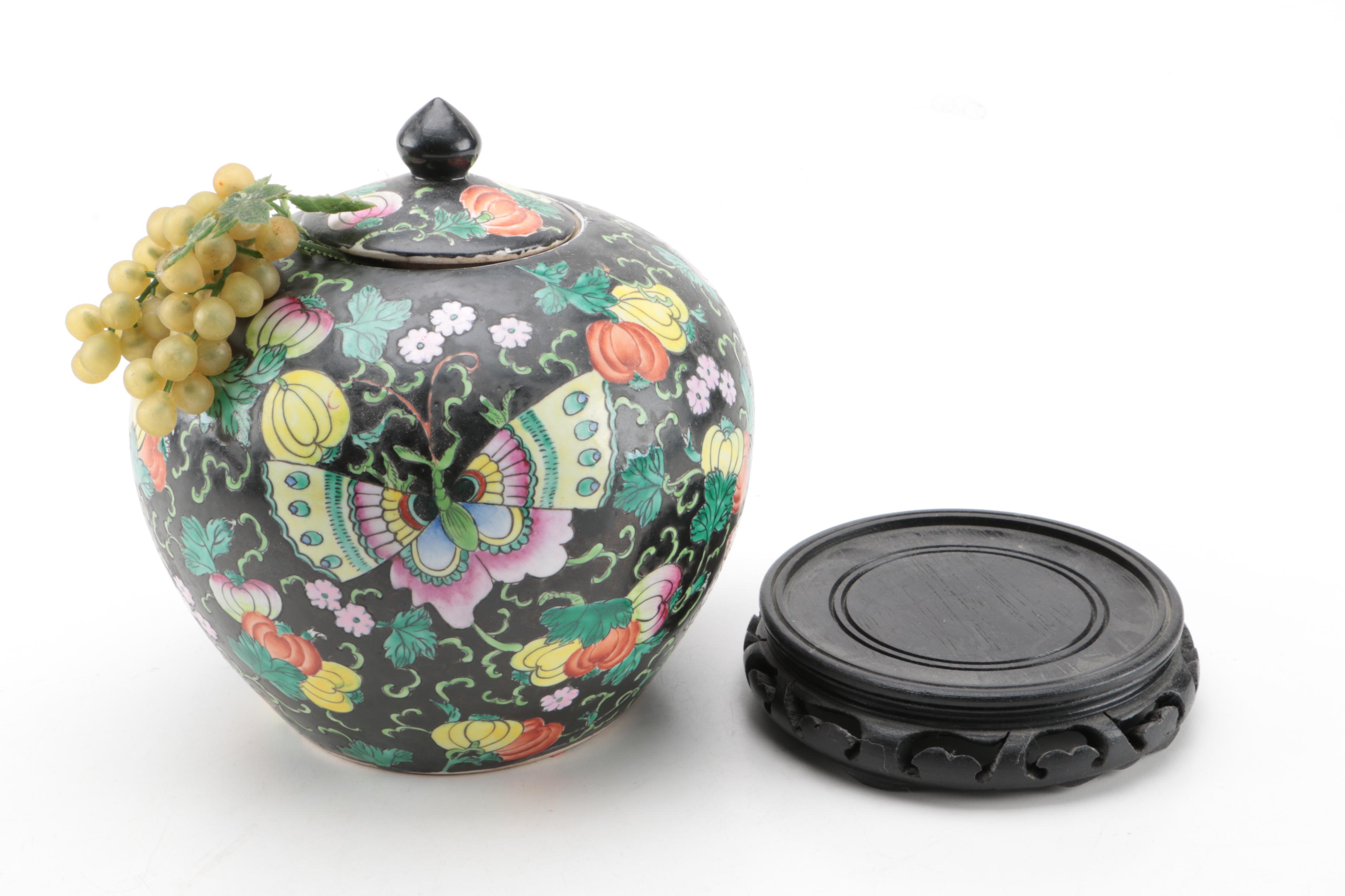 Hand Painted Chinese Ceramic Urn with Stand