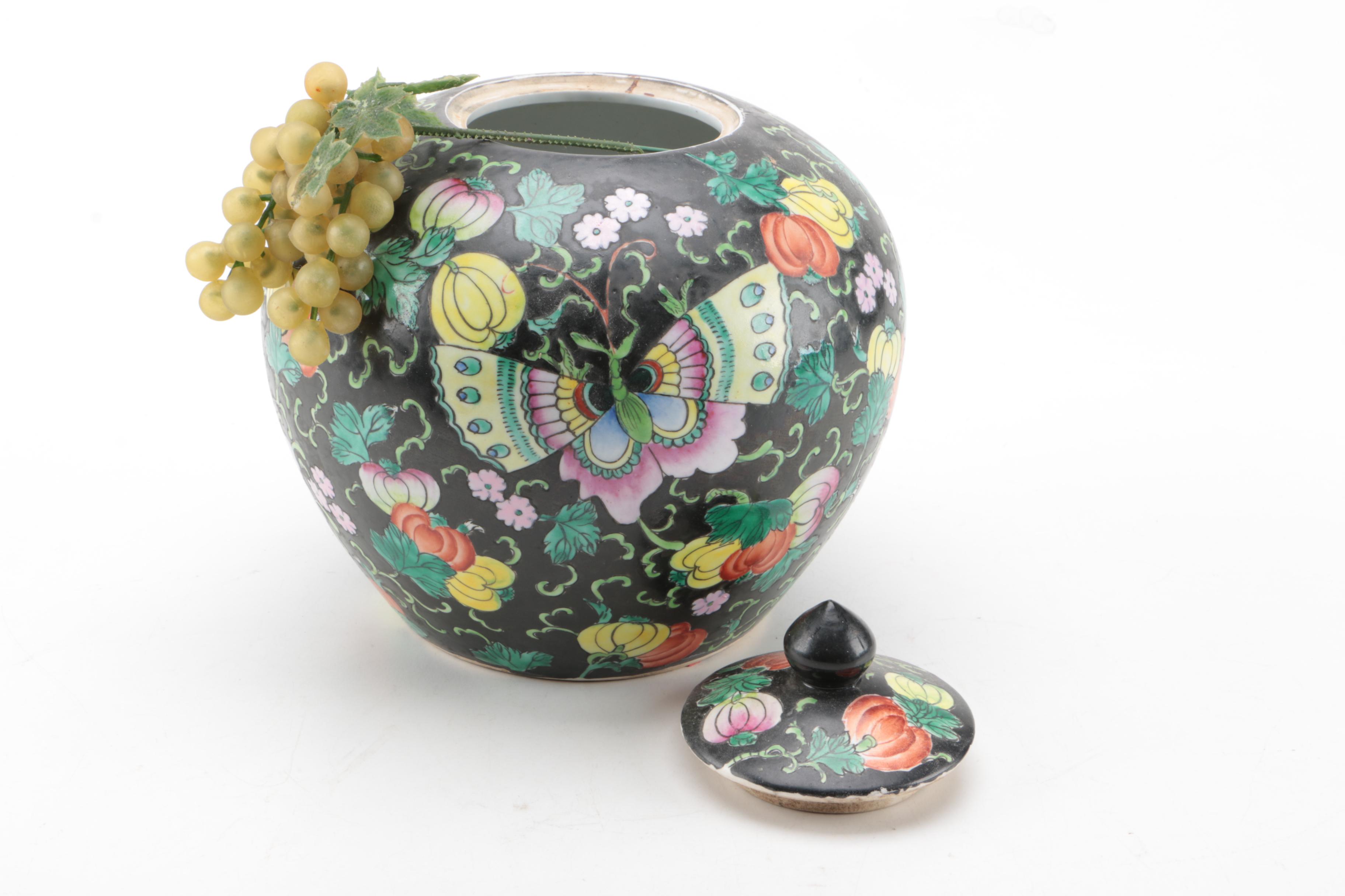 Hand Painted Chinese Ceramic Urn with Stand