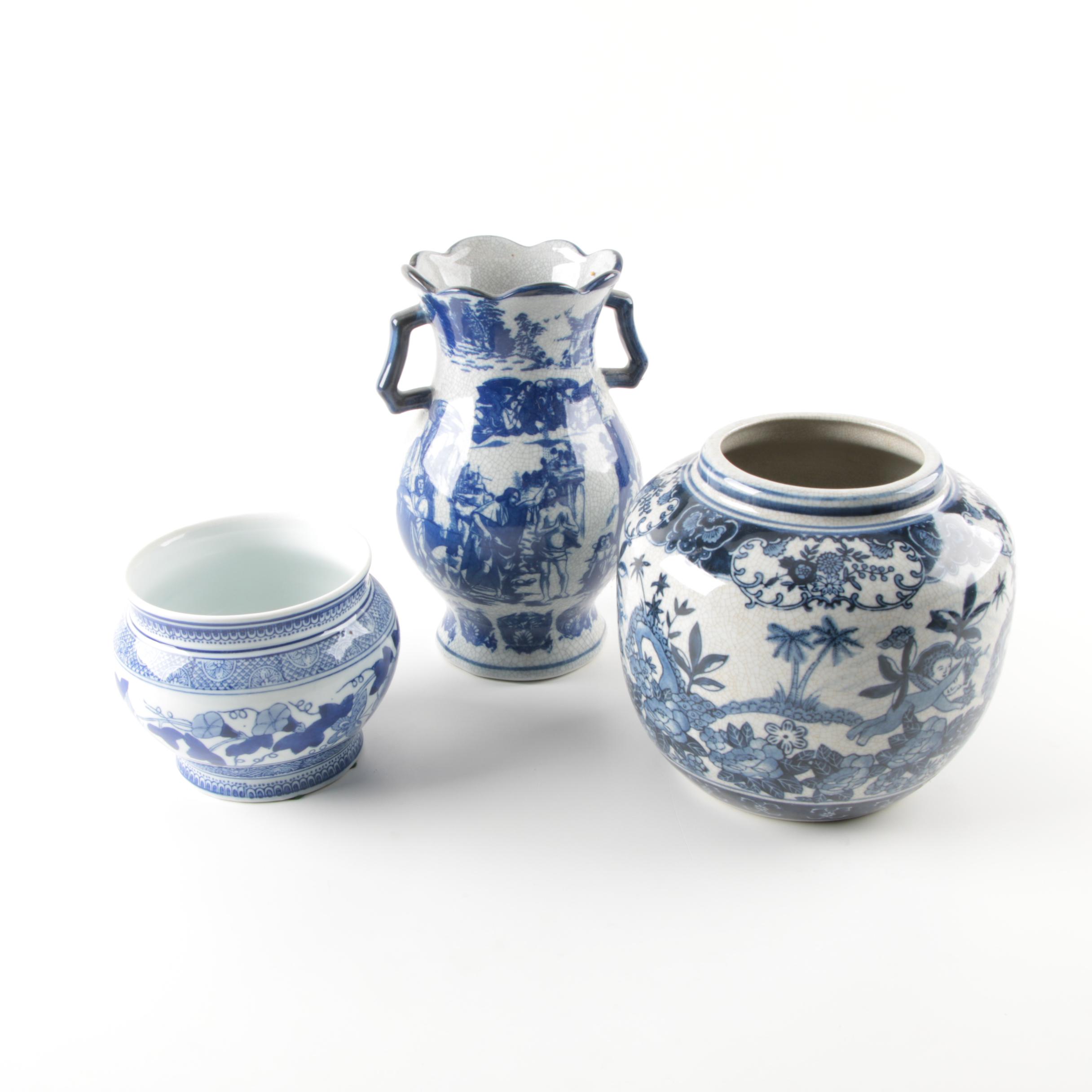 Blue and White Planters and Vase