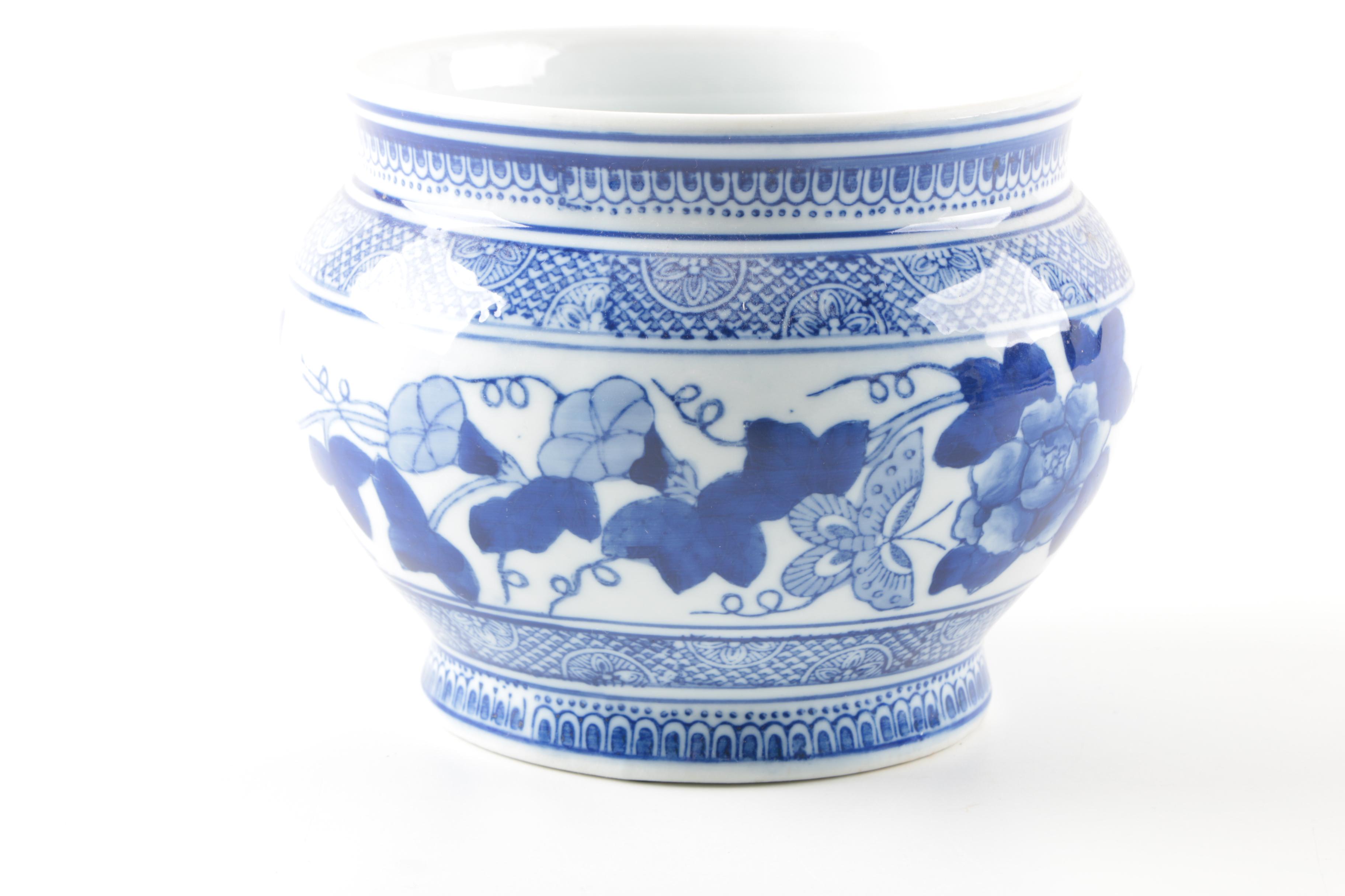 Blue and White Planters and Vase