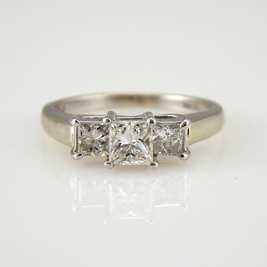 14K White Gold and Platinum Magic Glo 0.96 CTW Three-Diamond Engagement Ring