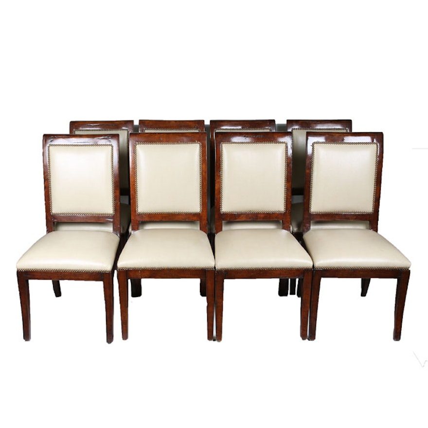 Eight Vintage Empire Style Walnut and Upholstered Dining Chairs
