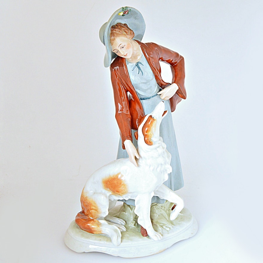 Vintage German Fasold & Stauch Lady Figurine with Wolfhound