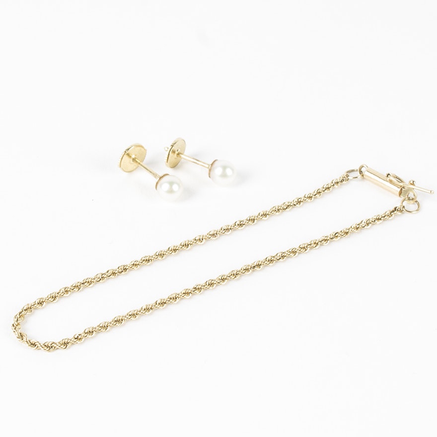 14K Yellow Gold Bracelet and Pearl Earrings