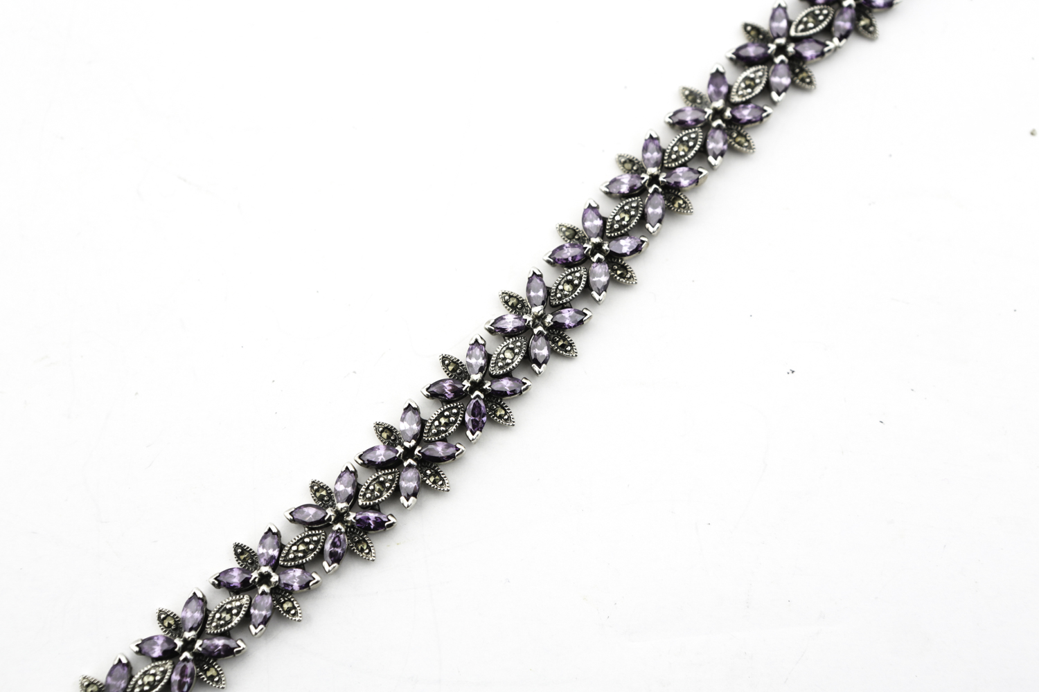 Sterling Silver and Amethyst with Marcasite Floral Tennis Bracelet