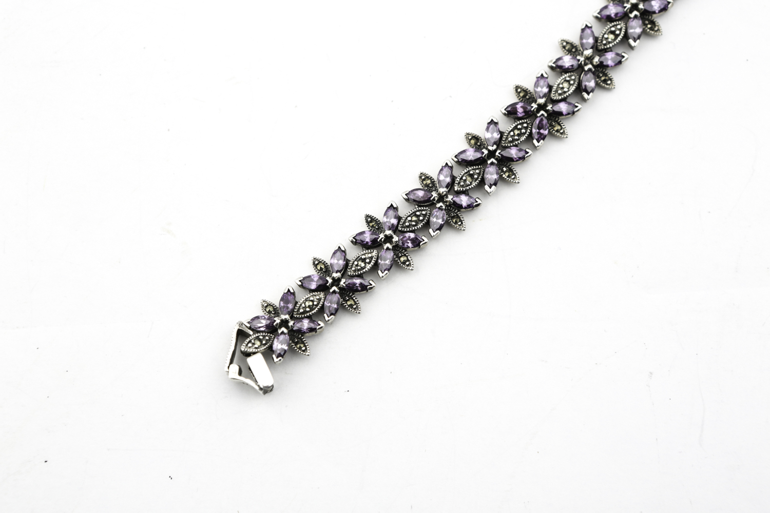 Sterling Silver and Amethyst with Marcasite Floral Tennis Bracelet