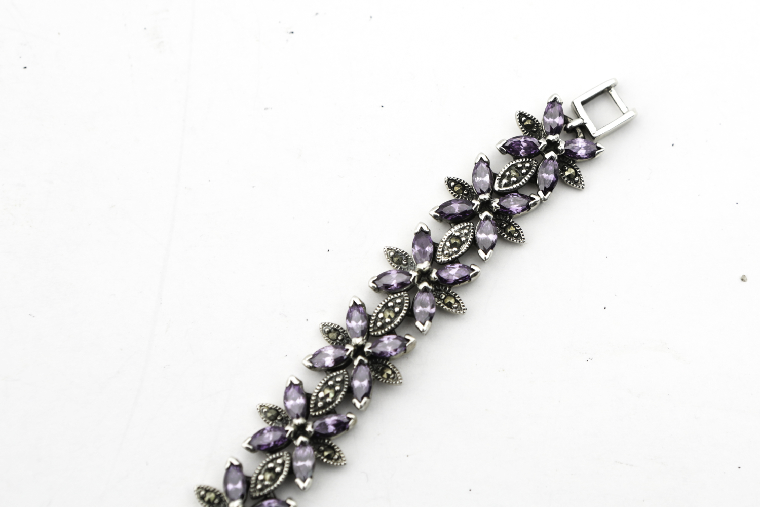 Sterling Silver and Amethyst with Marcasite Floral Tennis Bracelet