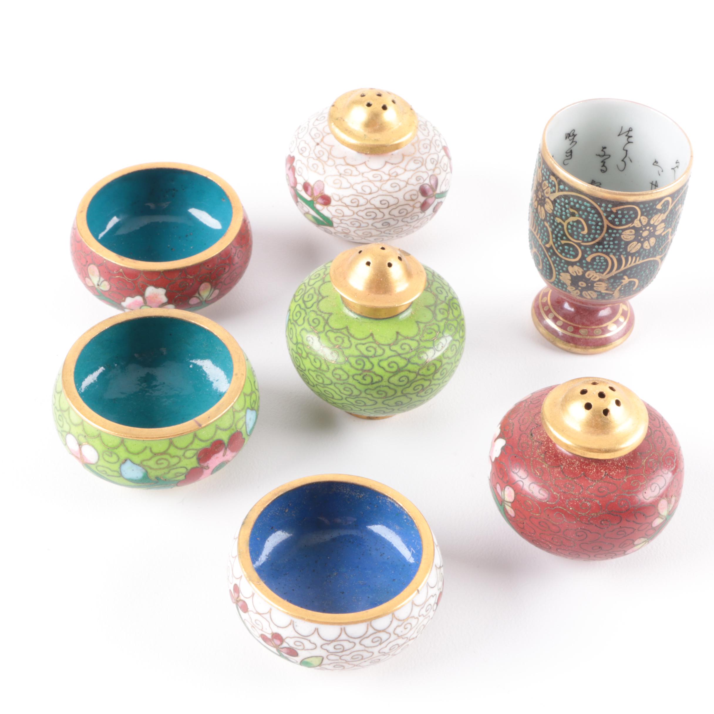 Cloisonne Shakers, Salt Cellars, and Toothpick Holder
