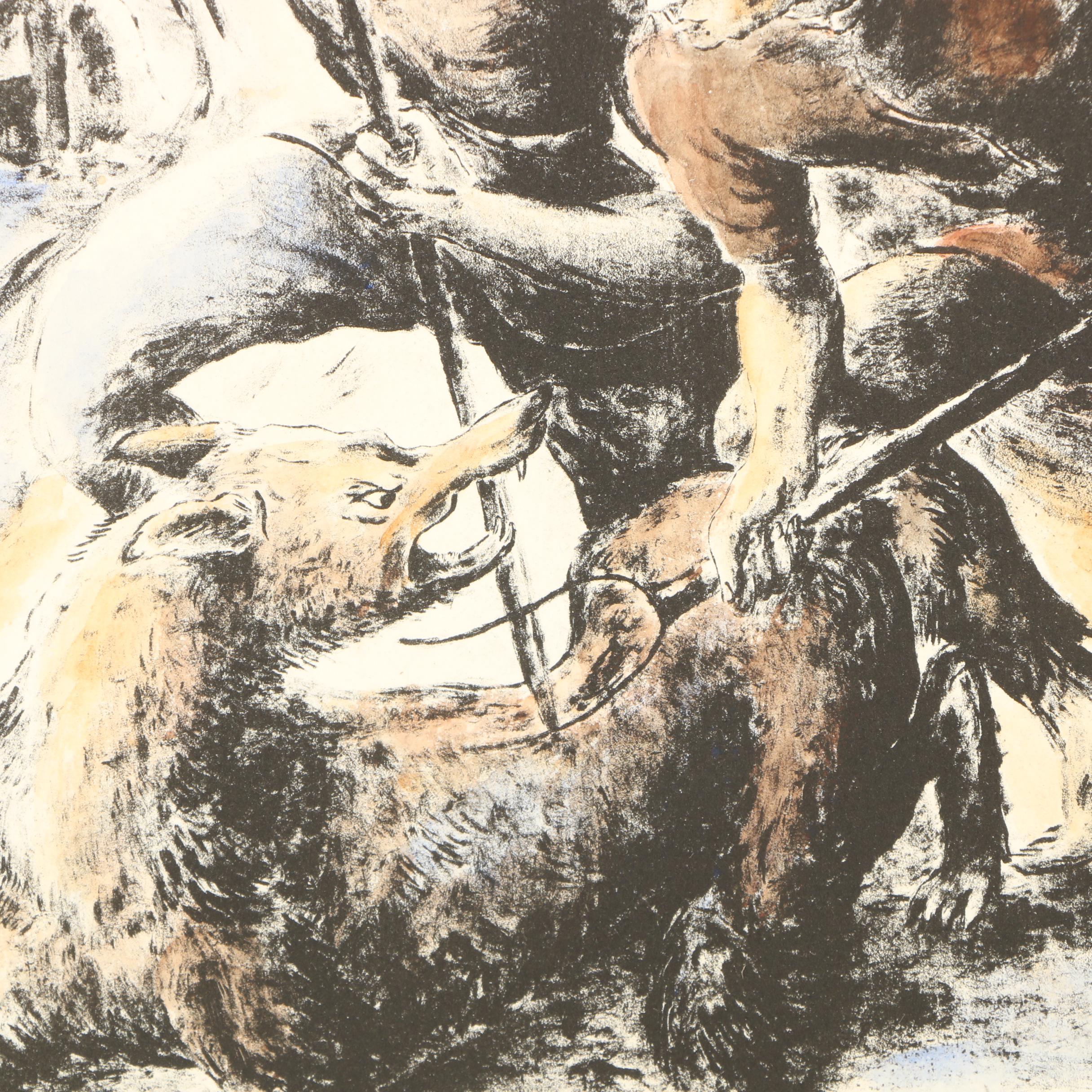 Hand-Colored Lithograph of Men Fighting Wolf
