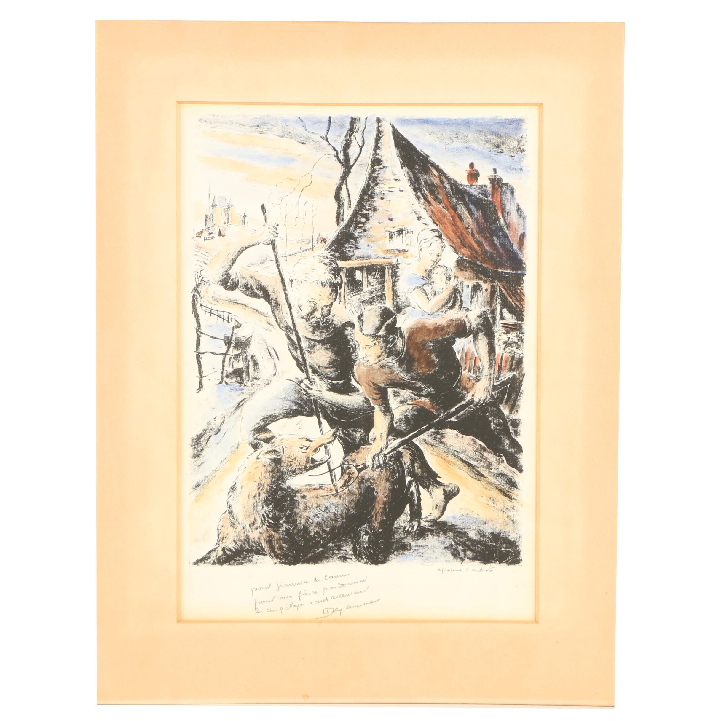 Hand-Colored Lithograph of Men Fighting Wolf