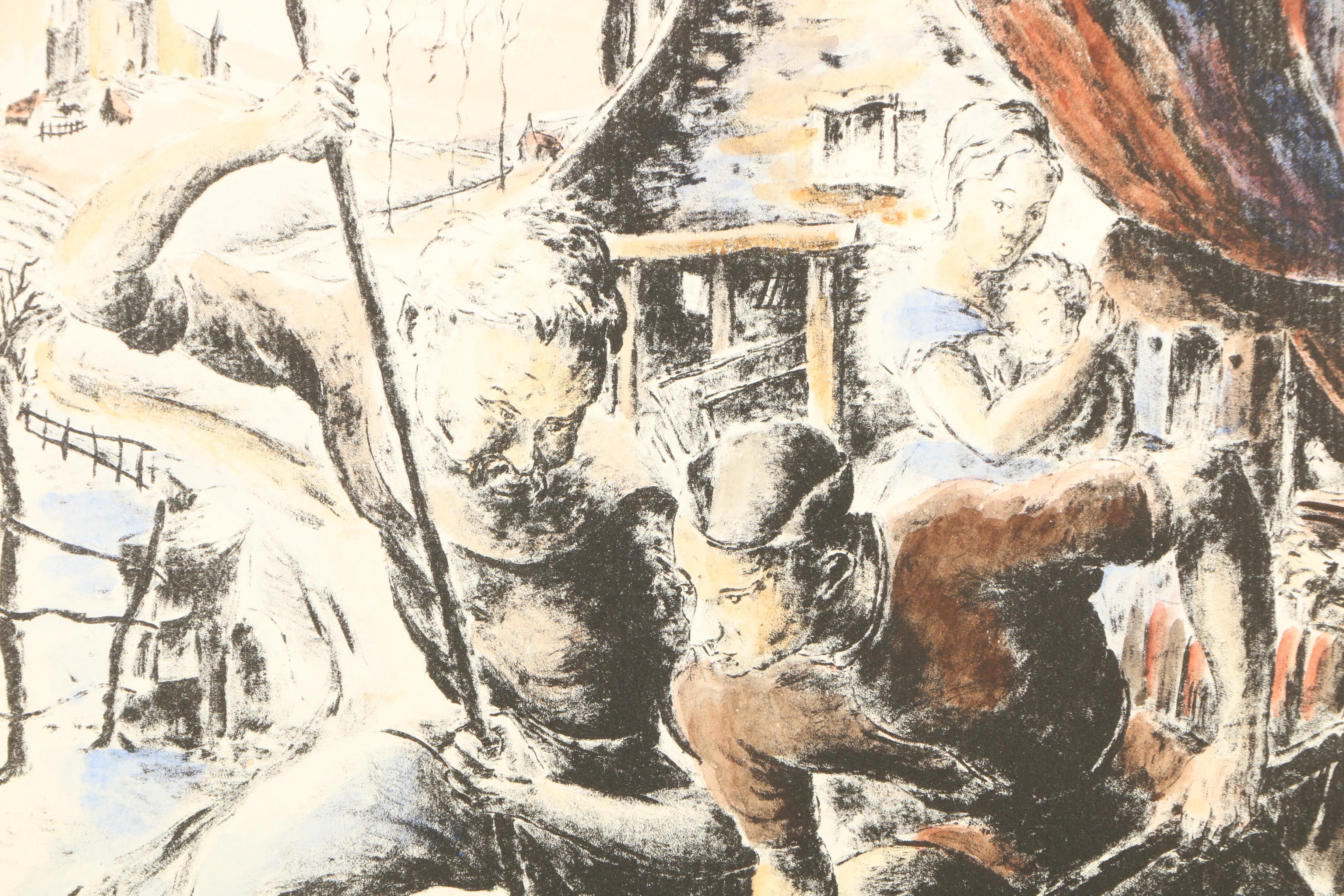 Hand-Colored Lithograph of Men Fighting Wolf