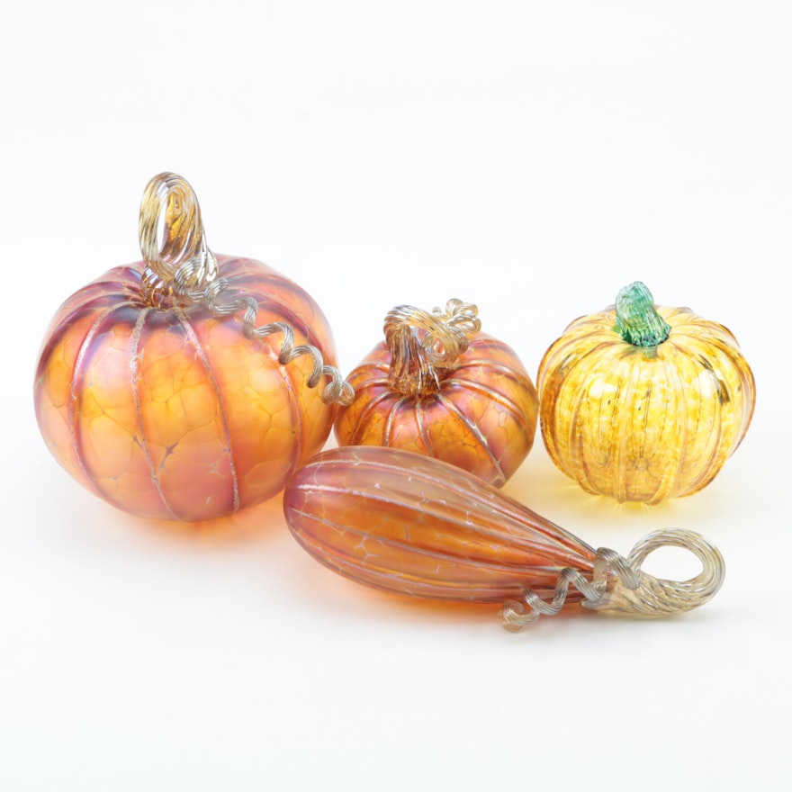 Signed Glass Pumpkin and Gourd Figurines