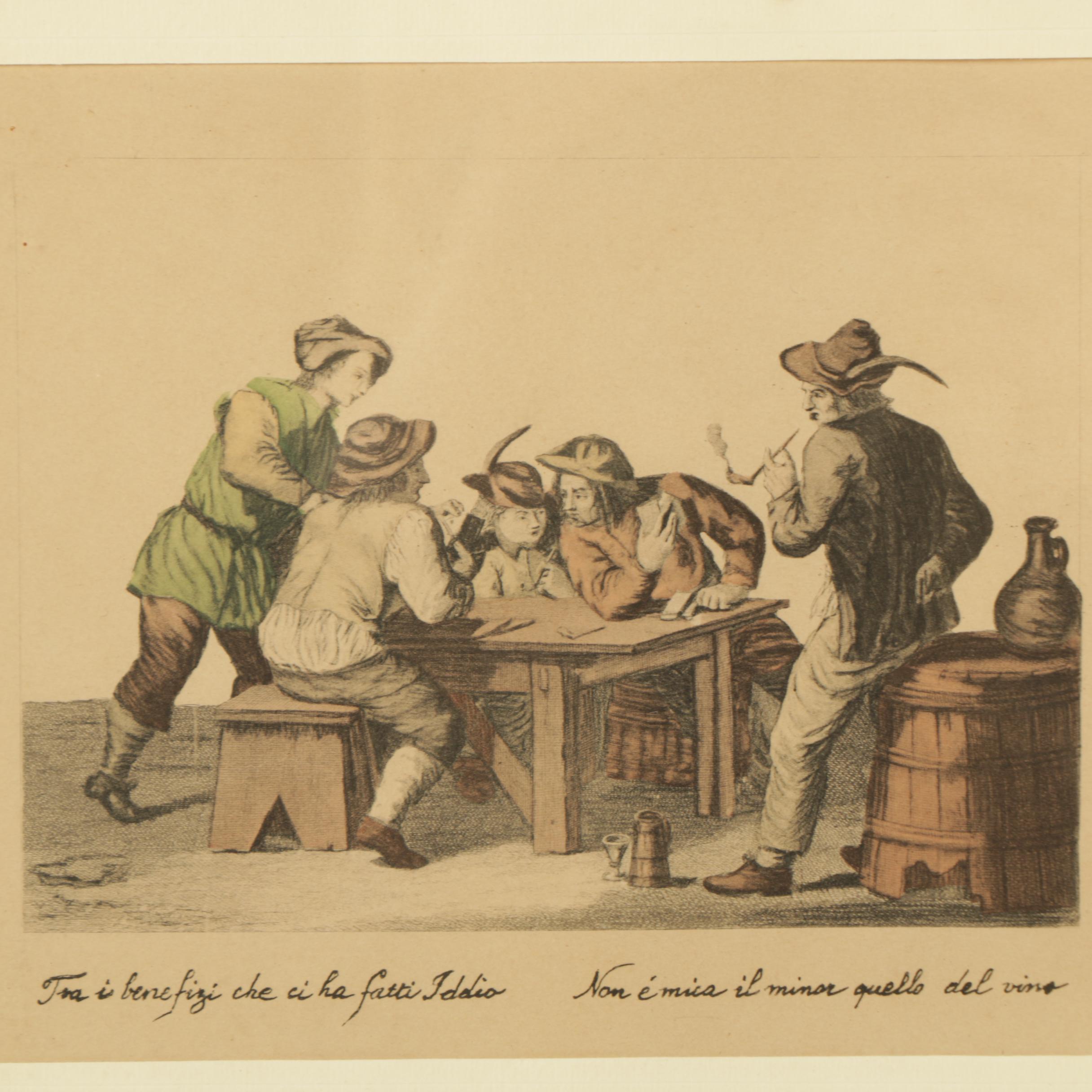 Hand Colored Etchings with Aquatint Featuring "Giocatori di Carte"