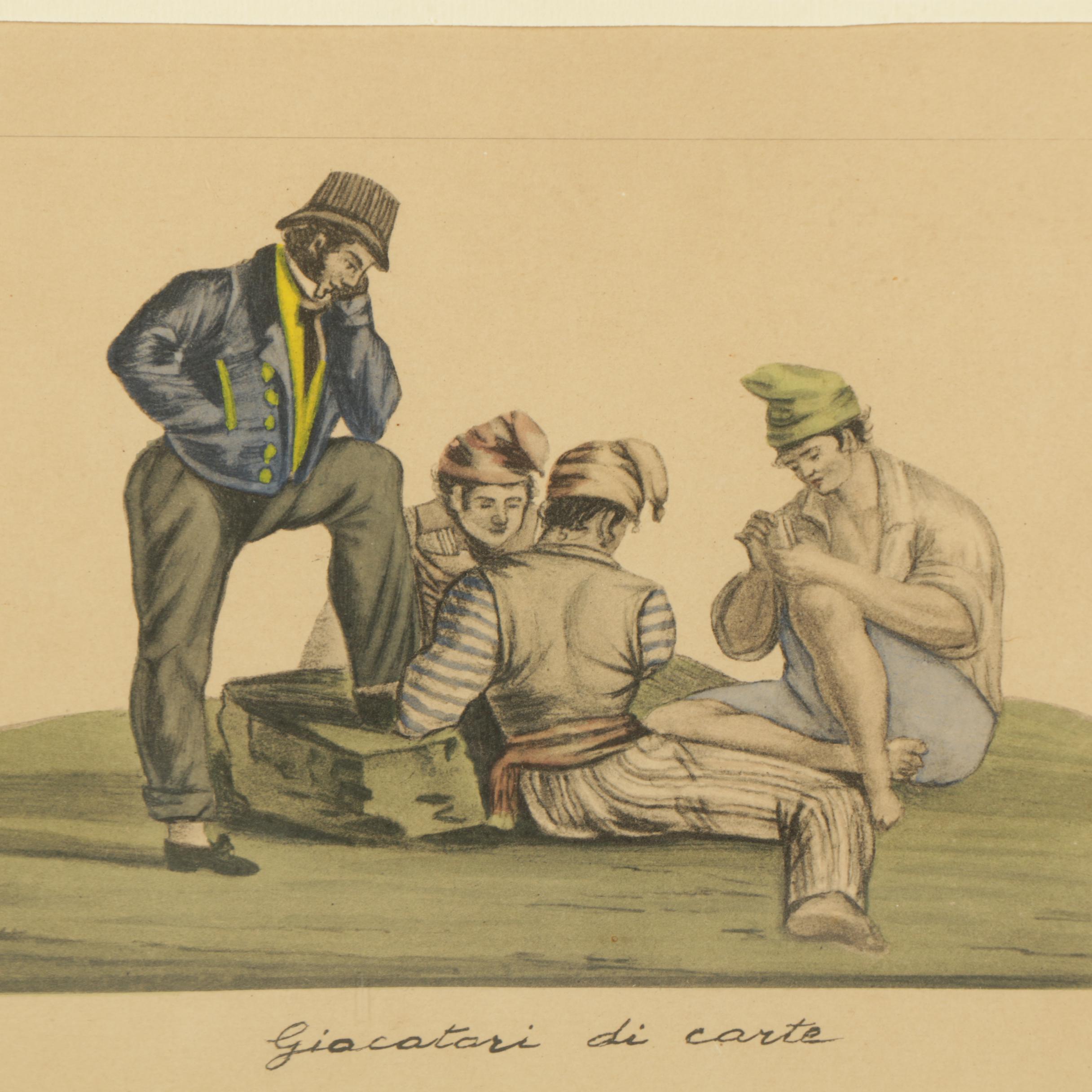 Hand Colored Etchings with Aquatint Featuring "Giocatori di Carte"