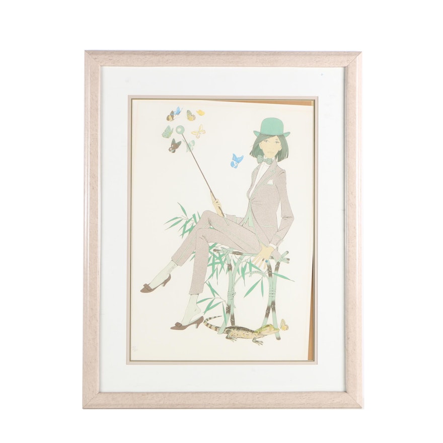 Lithograph Print "Woman With Butterflies" after Philippe Henri Noyer