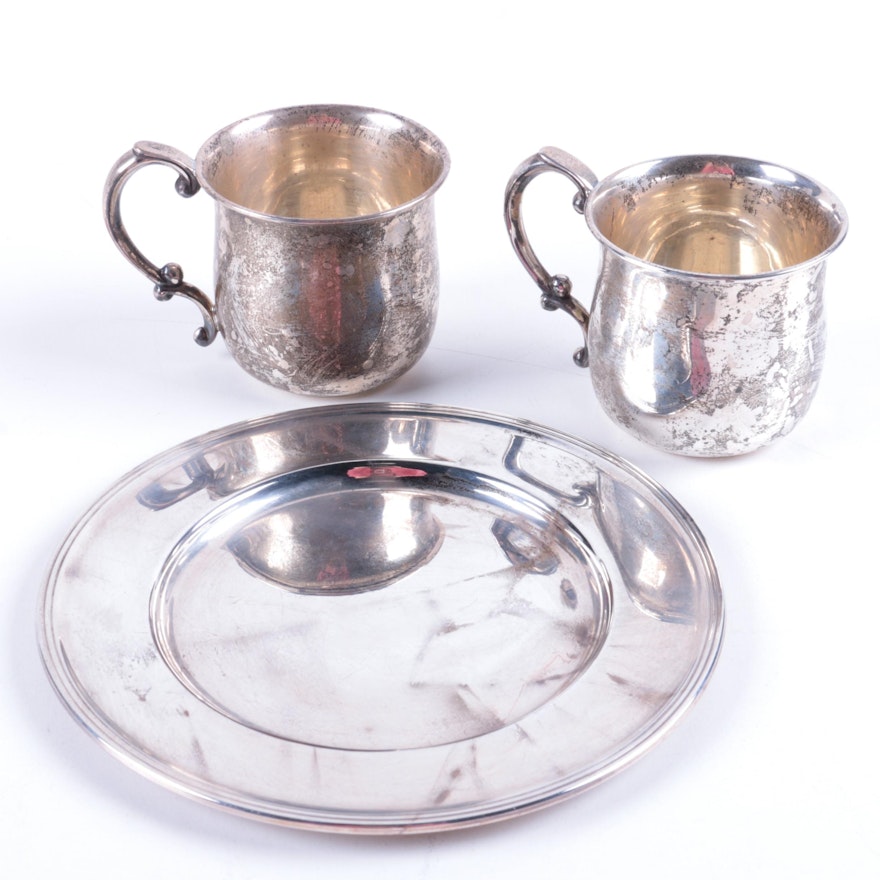 Victor Seidman Sterling Silver Sandwich Plate with Valerio Scroll Handle Mugs