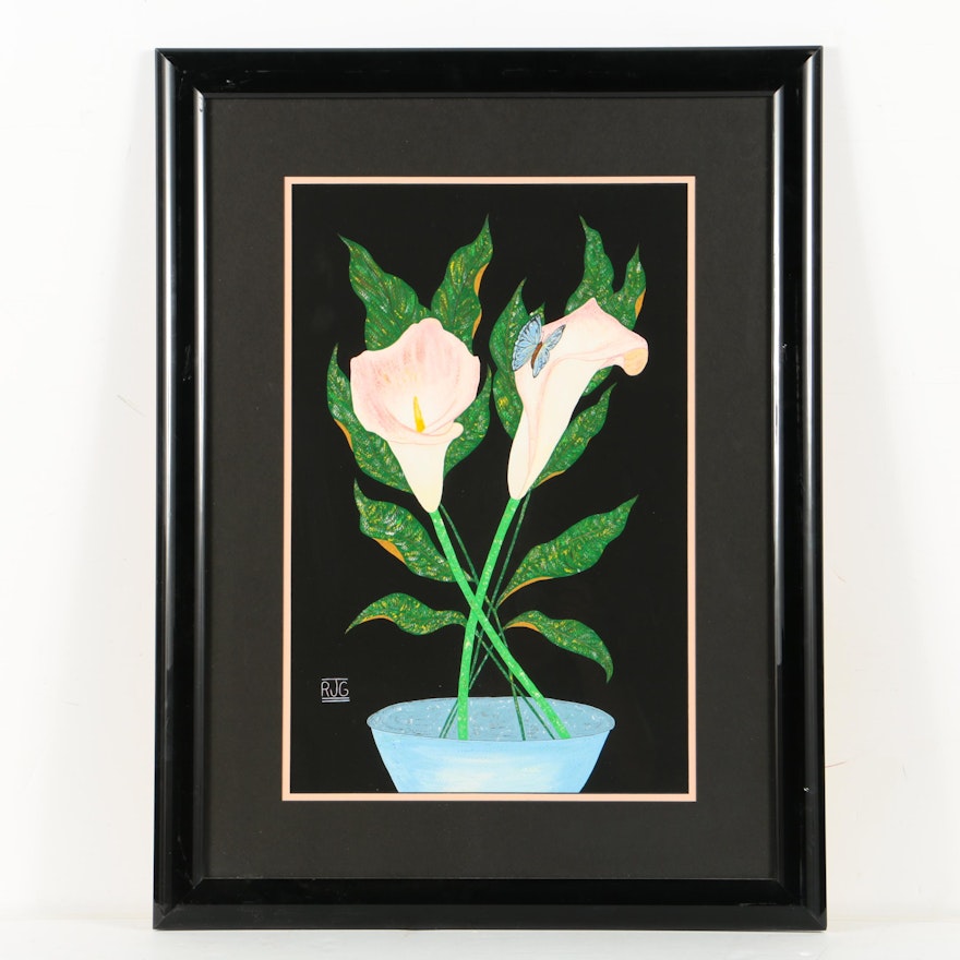 Rodney J. Gottlieb Gouache Painting on Paper of Still Life with Calla Lilies