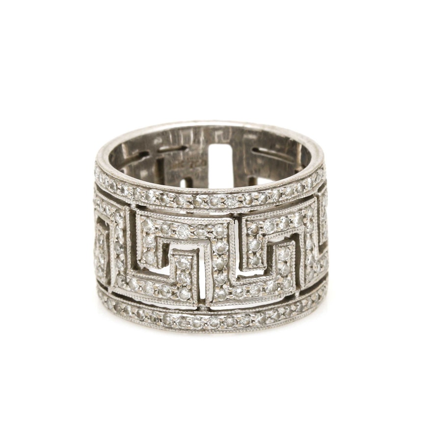 18K White Gold Diamond Greek Key Ring Band