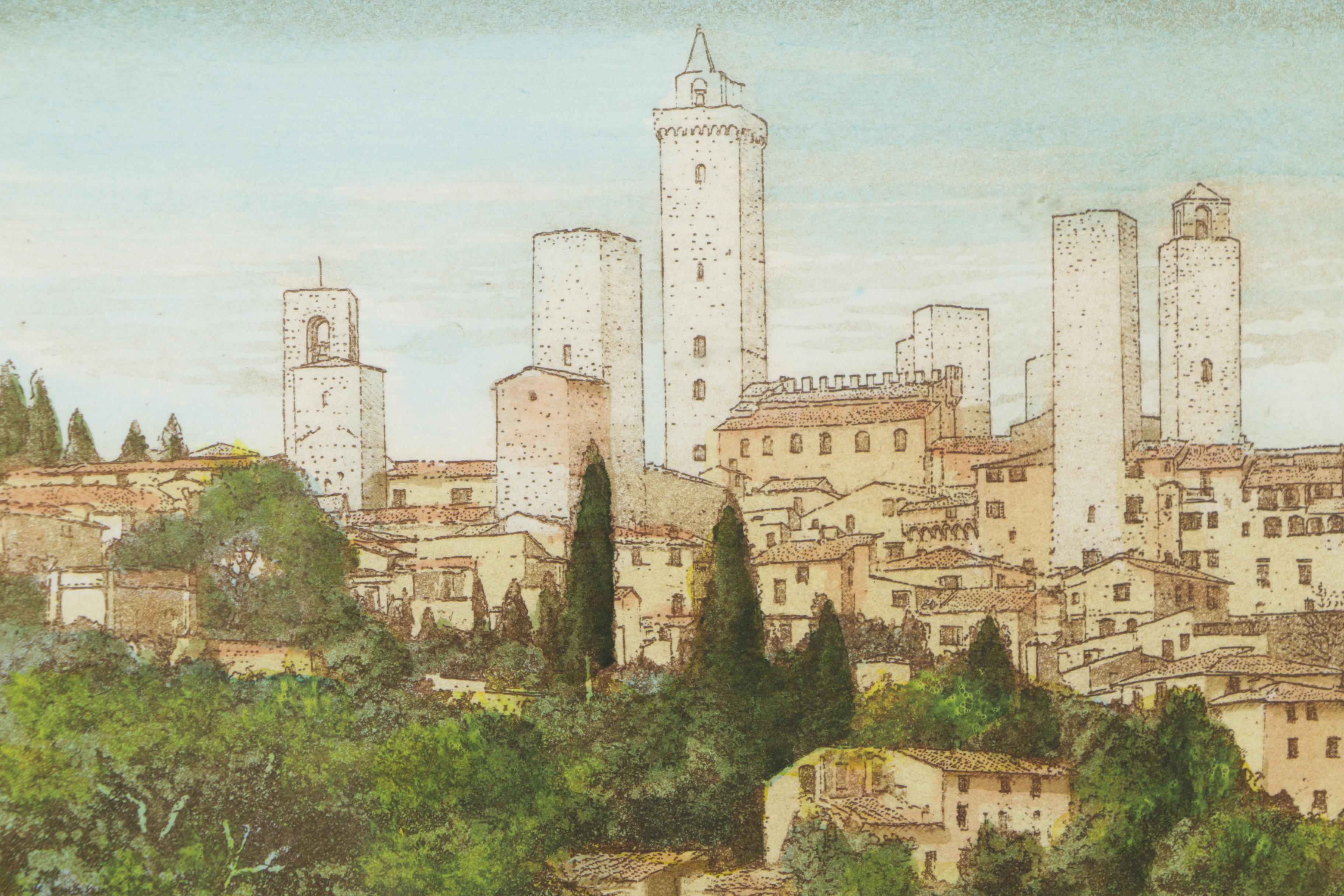 Marco Bonechi Hand-Colored Aquatint "San Giminiano Panorama"