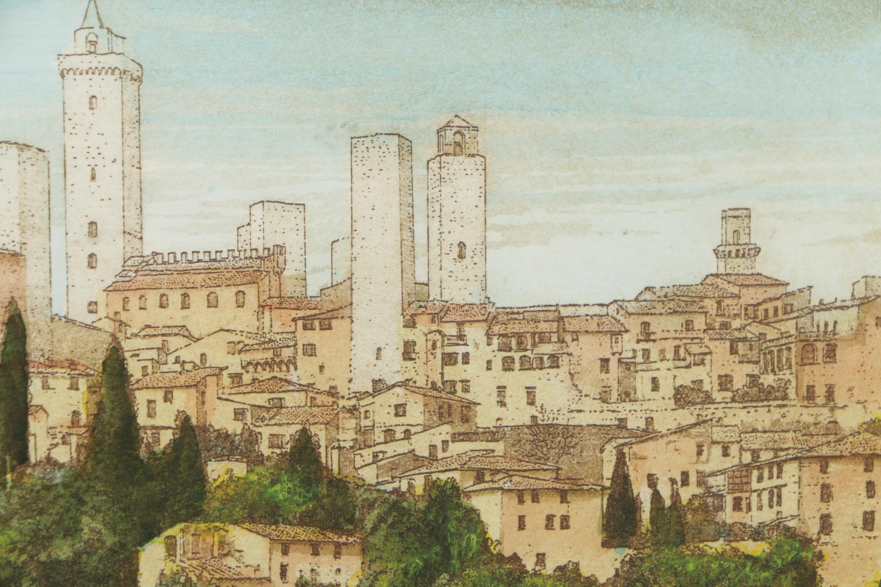 Marco Bonechi Hand-Colored Aquatint "San Giminiano Panorama"