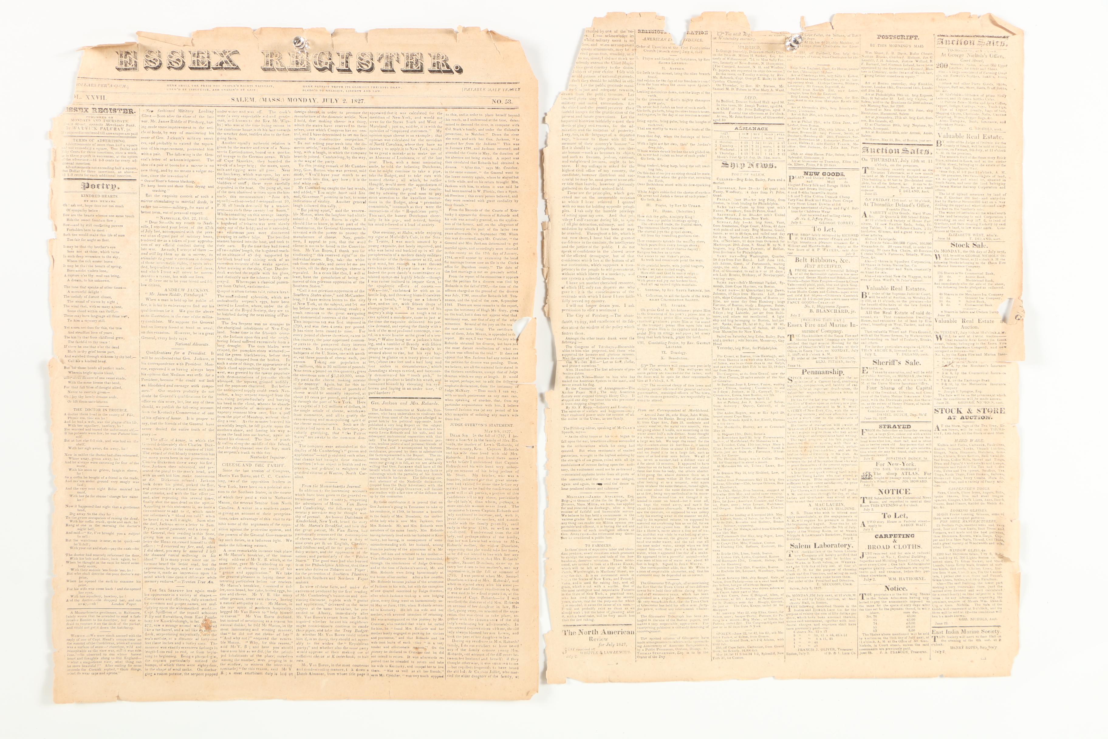 1827 "Essex Register" Andrew Jackson Invalid Marriage Claim and Offset Print