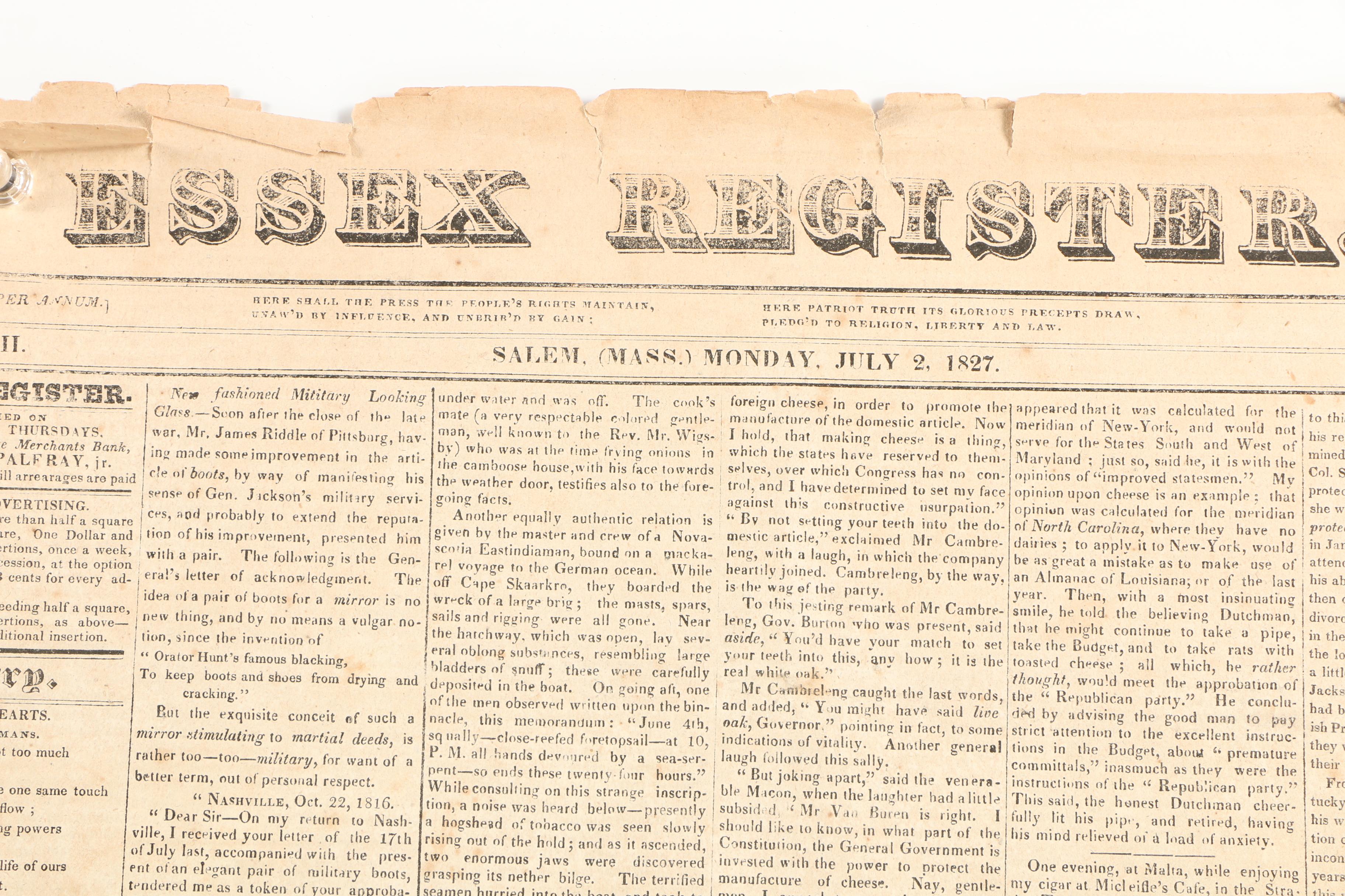 1827 "Essex Register" Andrew Jackson Invalid Marriage Claim and Offset Print