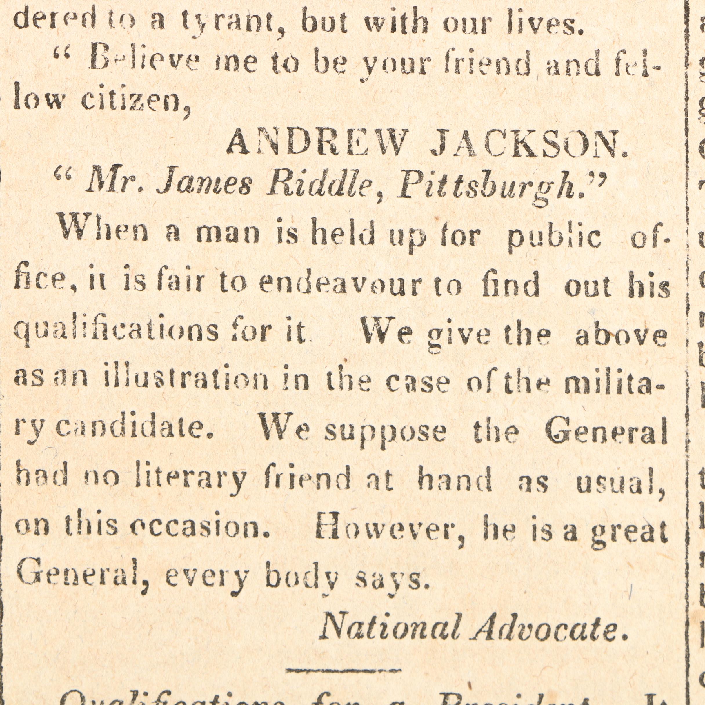1827 "Essex Register" Andrew Jackson Invalid Marriage Claim and Offset Print