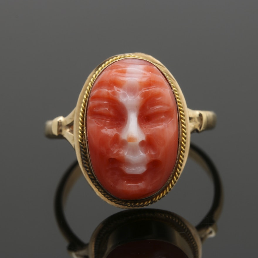 Antique 14K Yellow Gold Carved Coral Face Ring