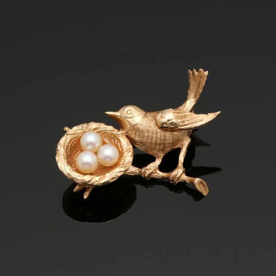Vintage 14K Yellow Gold Bird with Nest Cultured Pearl Pin