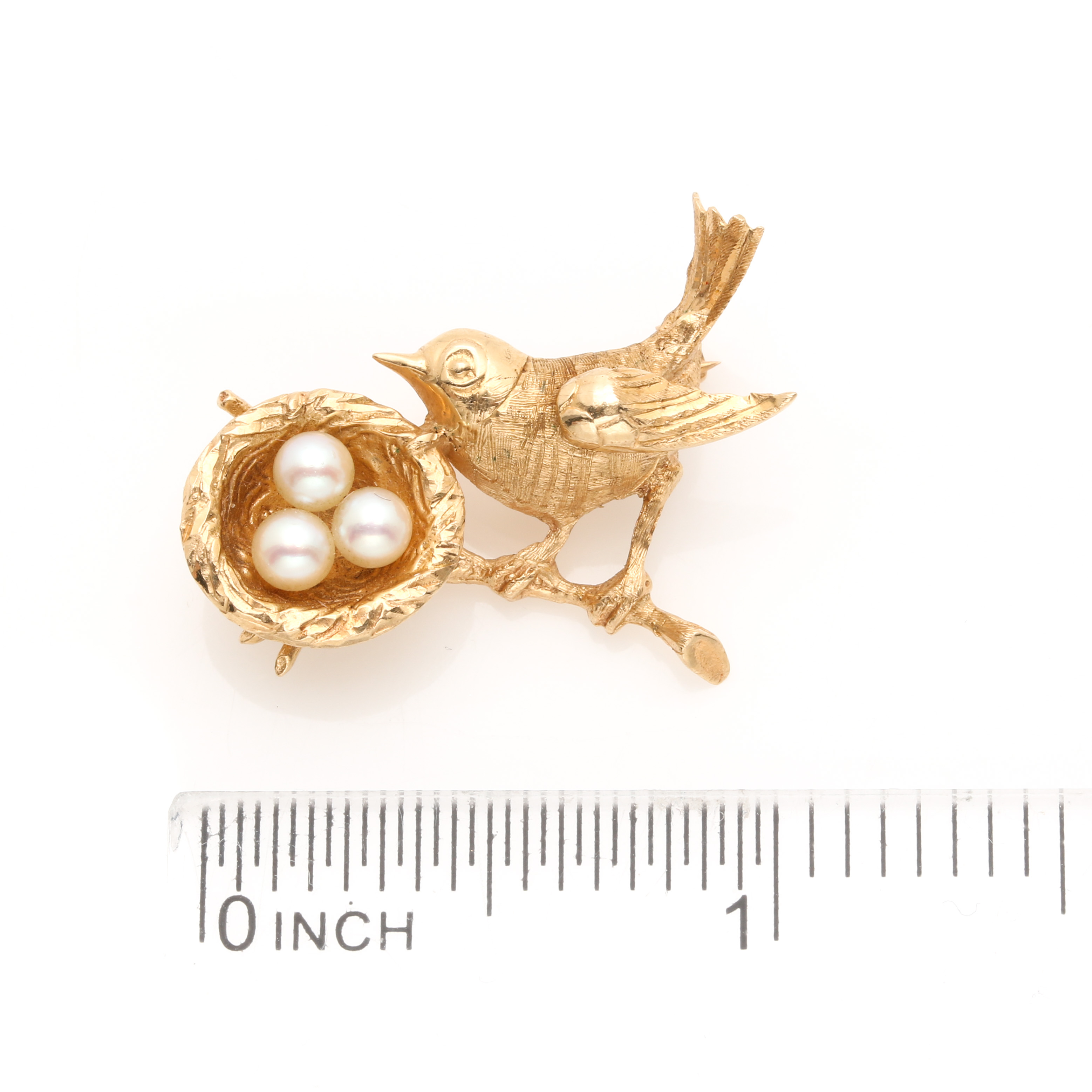 Vintage 14K Yellow Gold Bird with Nest Cultured Pearl Pin