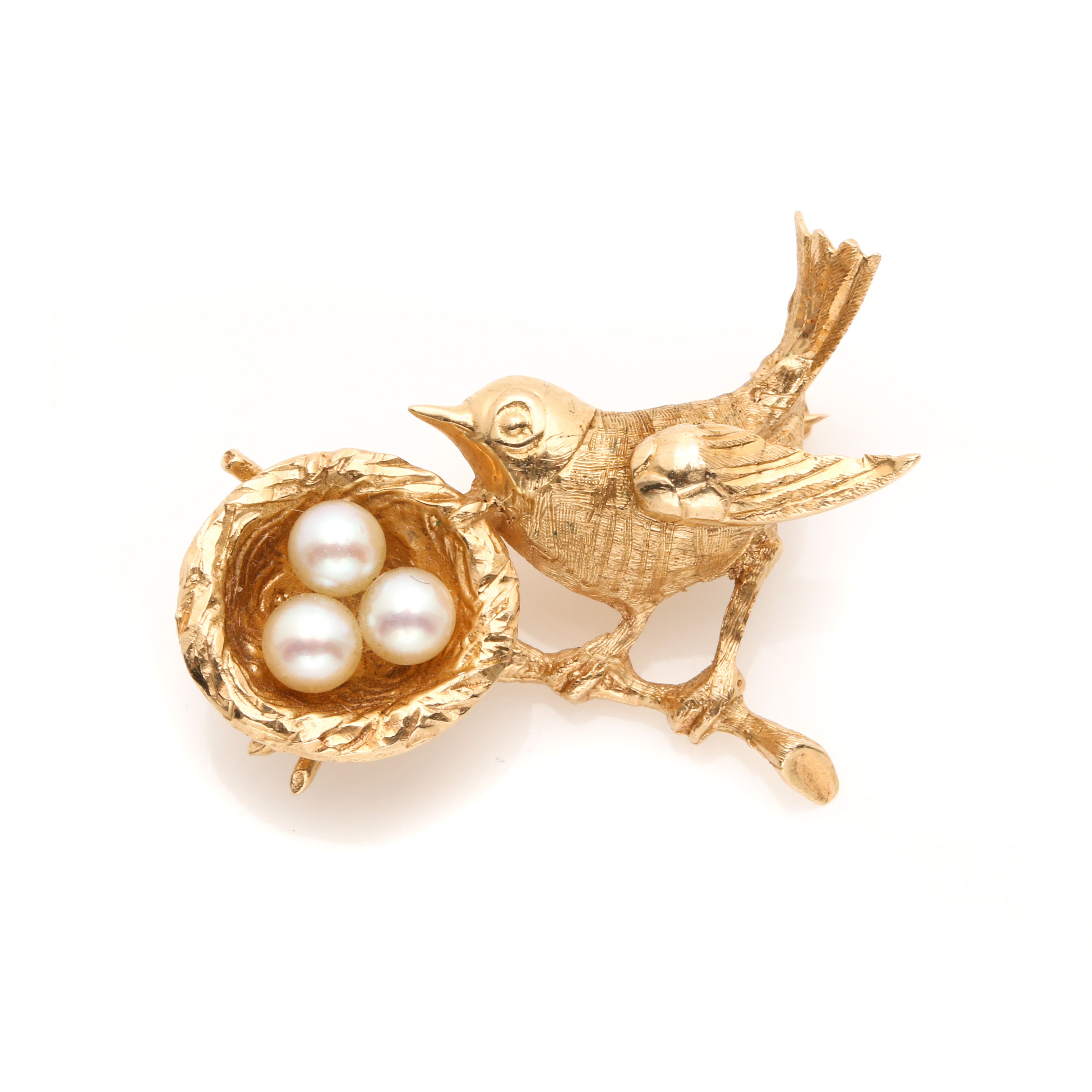 Vintage 14K Yellow Gold Bird with Nest Cultured Pearl Pin