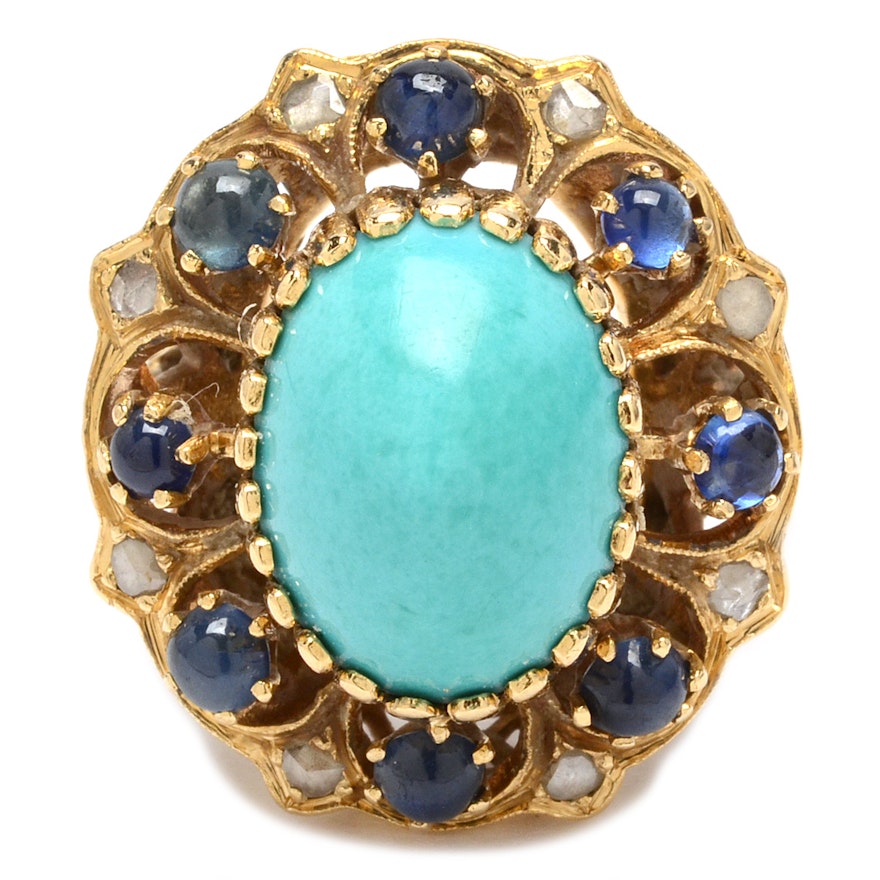 18K Yellow Gold Turquoise Ring with Diamonds and Sapphires