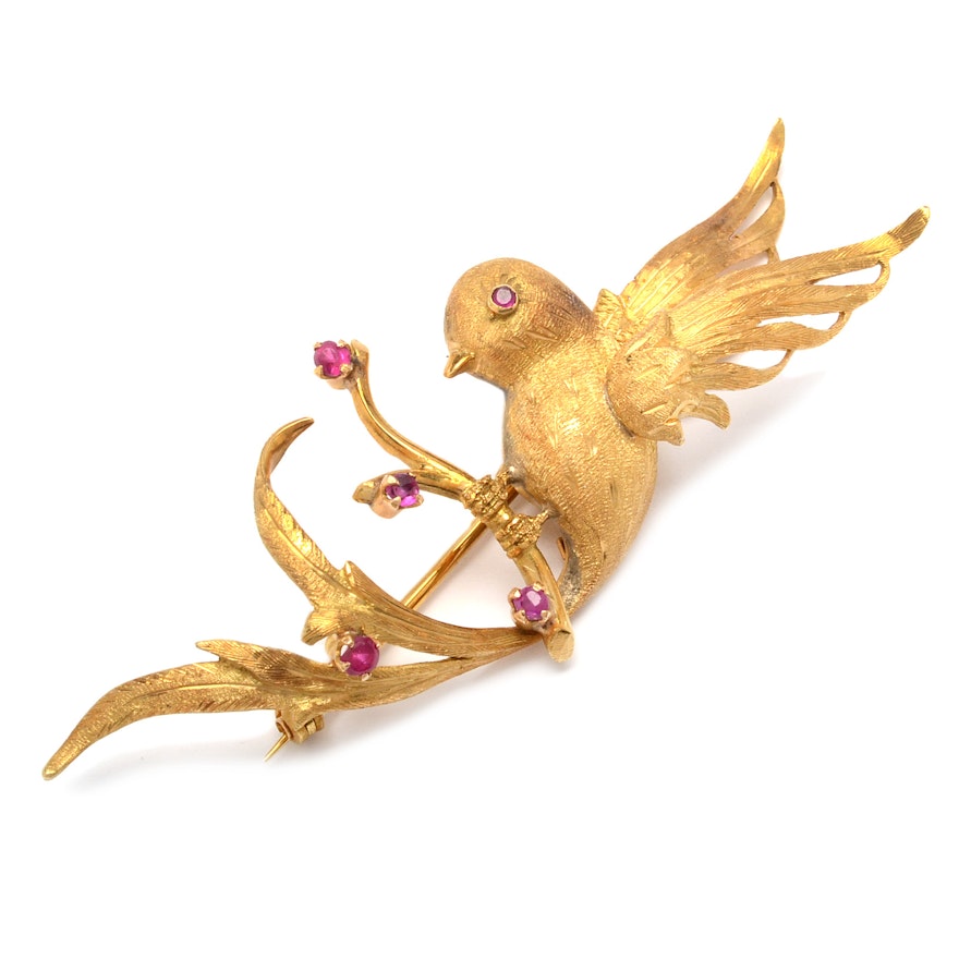 18K Yellow Gold Bird Brooch with Rubies