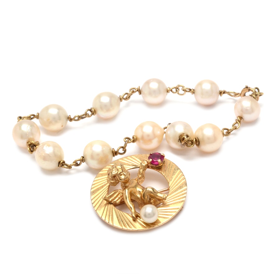 14K Gold Ruby and Pearl Circle Pin with Cupid and Pearl Bracelet