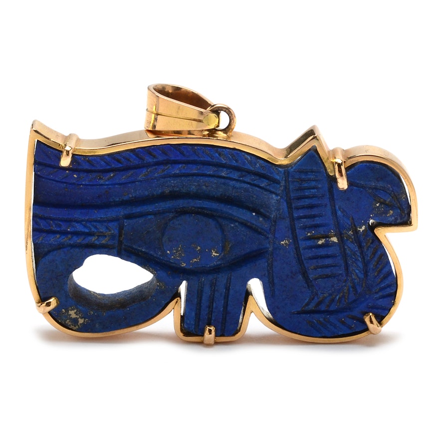 18K Gold Carved Lapis Lazuli Eye of Ra Pendant