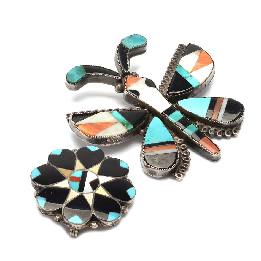 Sterling Silver Southwest Style Brooches With Inlaid Gemstones