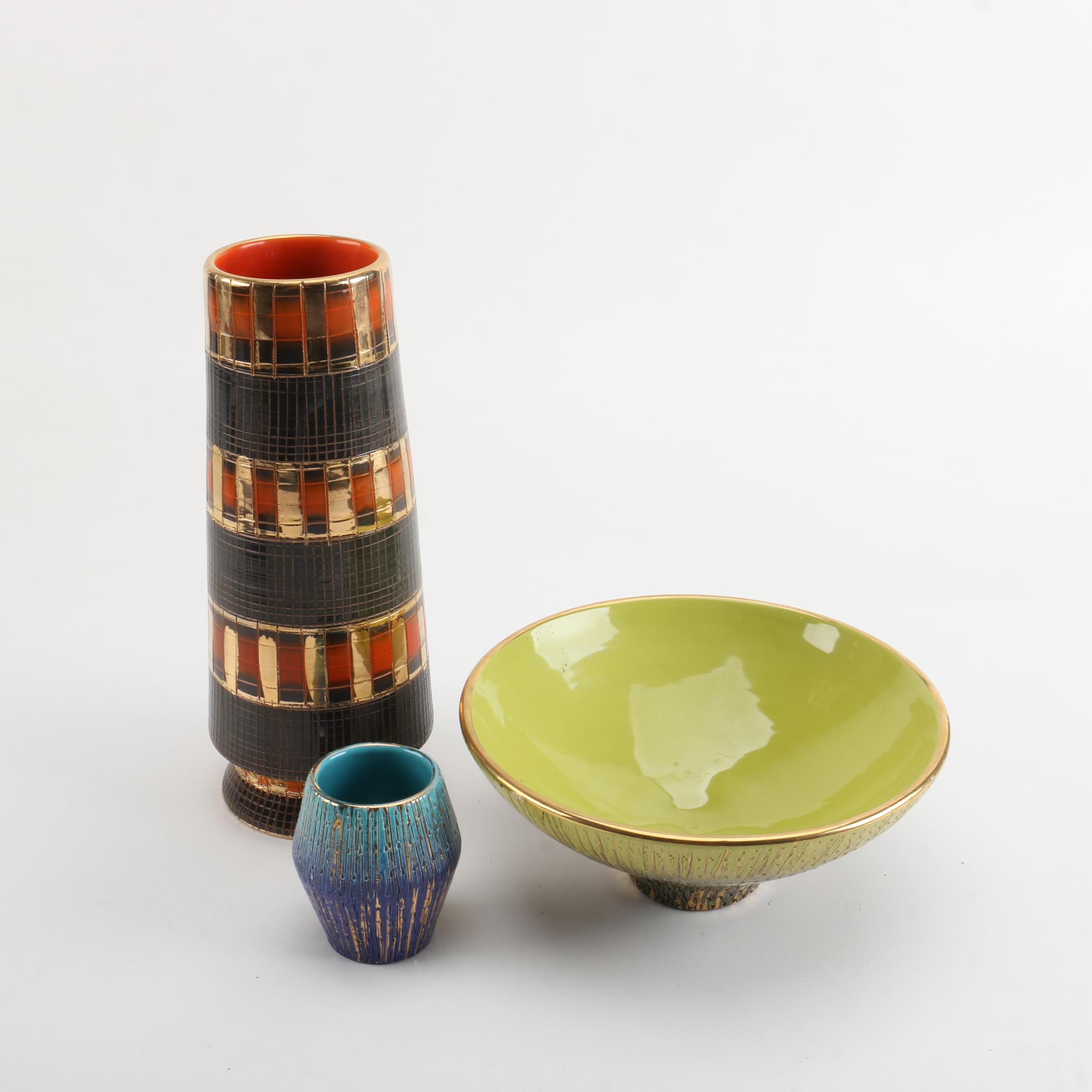 Mid Century Italian Elbee Pottery Vases and Bowl