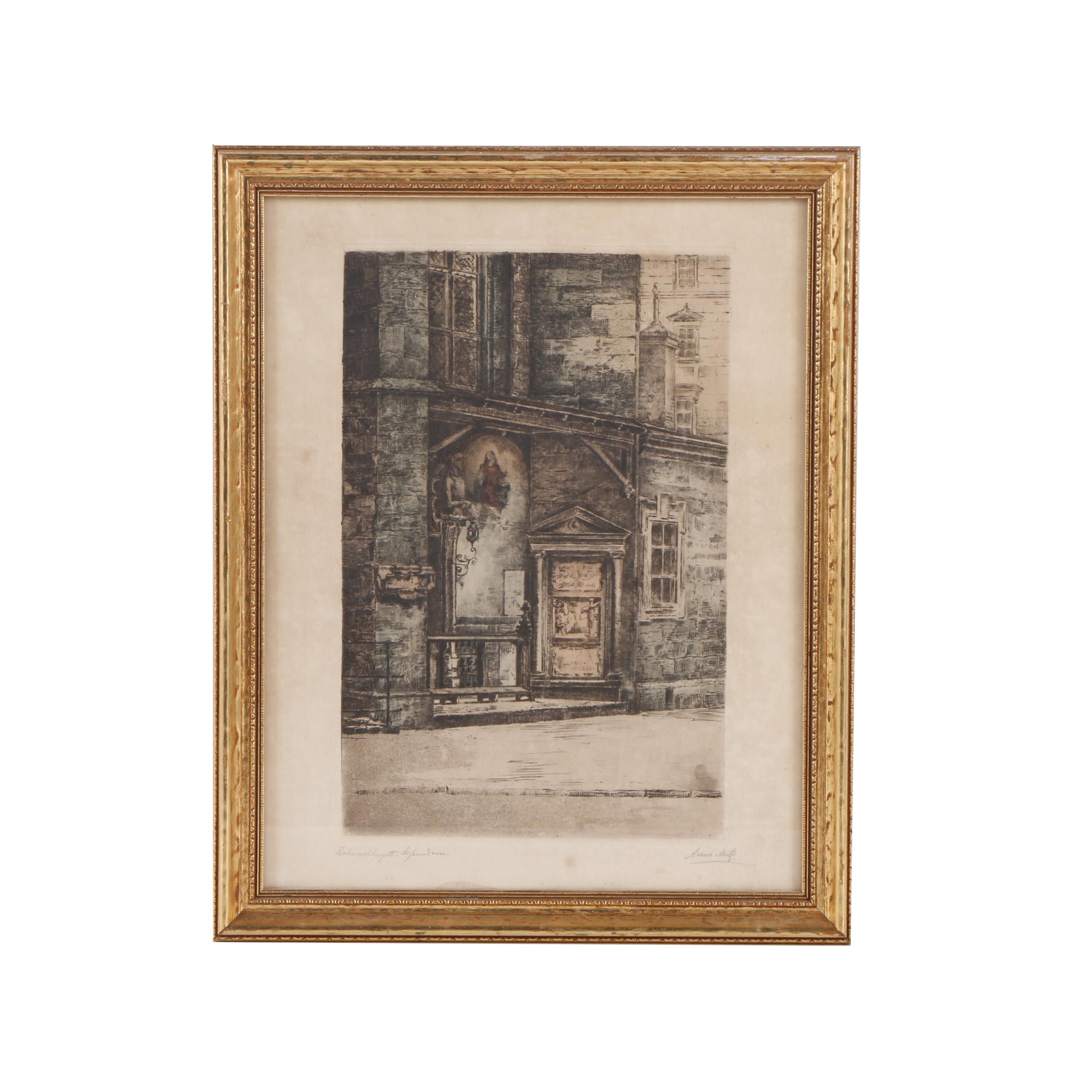 Hand Colored Etching of Street View