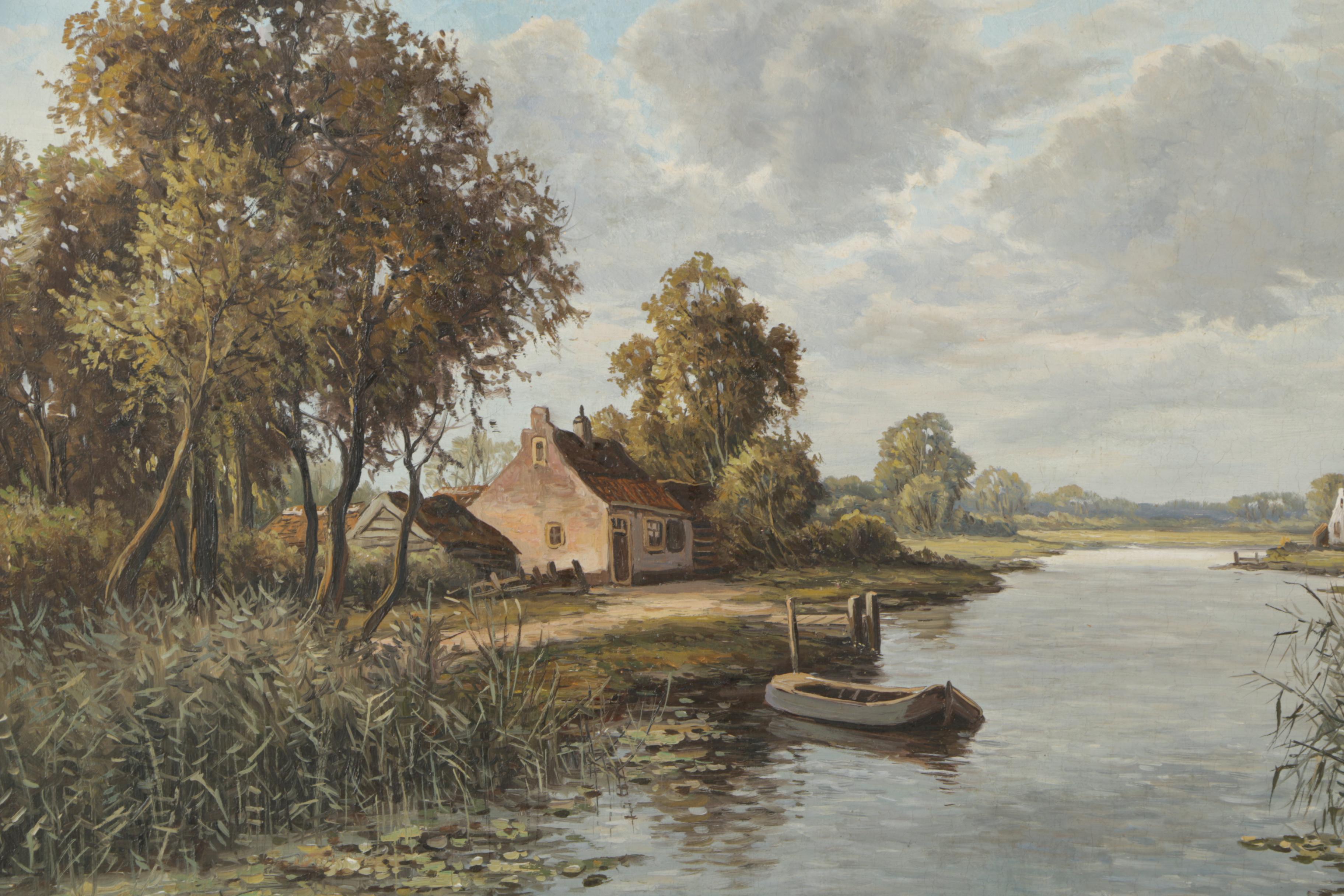 Early to Mid-Century German Oil Landscape Painting on Board of a Tranquil Dock