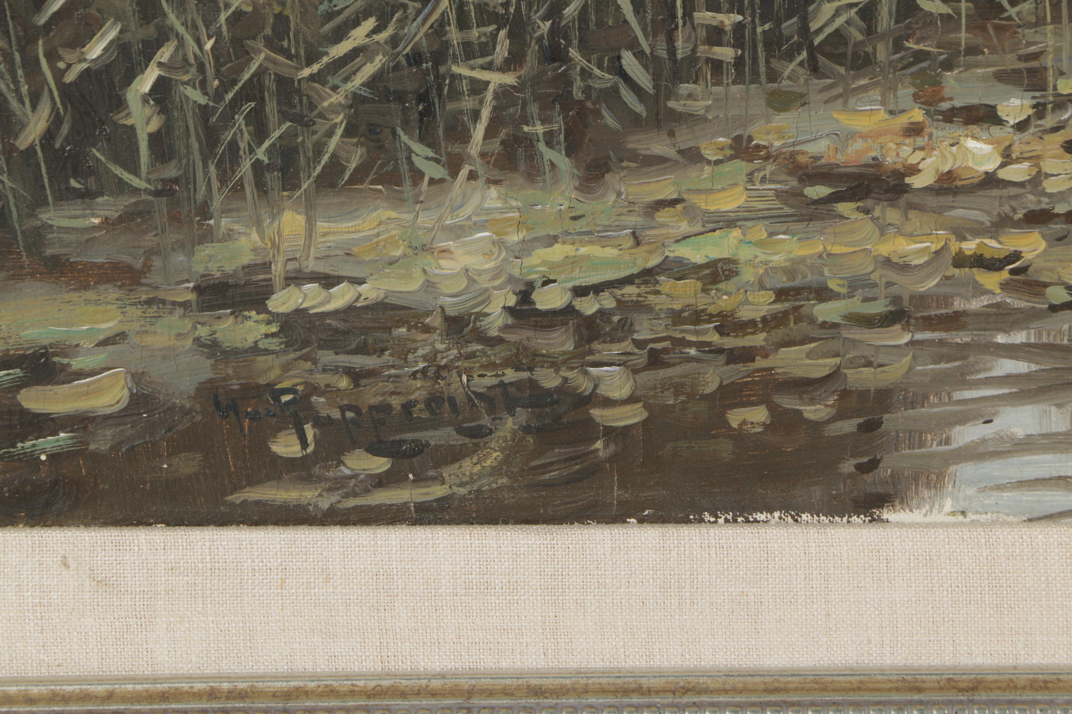 Early to Mid-Century German Oil Landscape Painting on Board of a Tranquil Dock