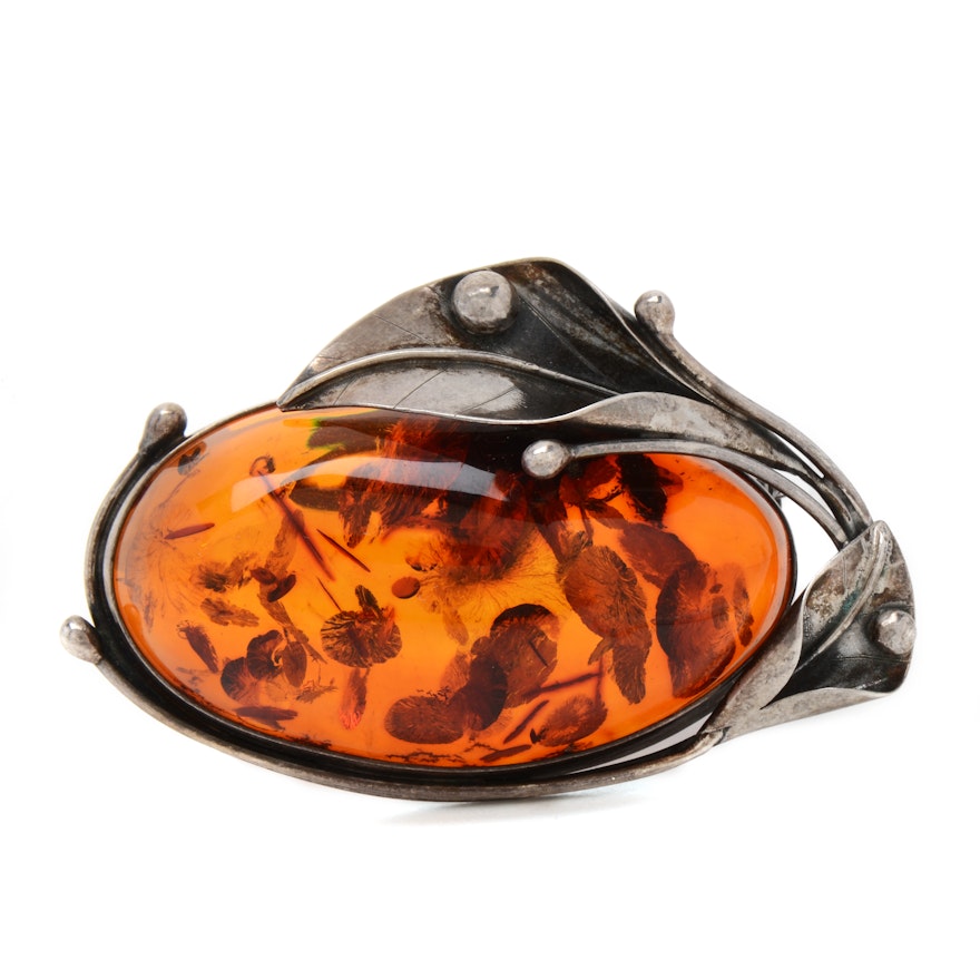 Polish Sterling Silver and Amber Calla Lily Brooch