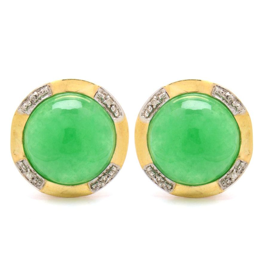 14K Yellow Gold Dyed Jadeite and Diamond Pierced Earrings