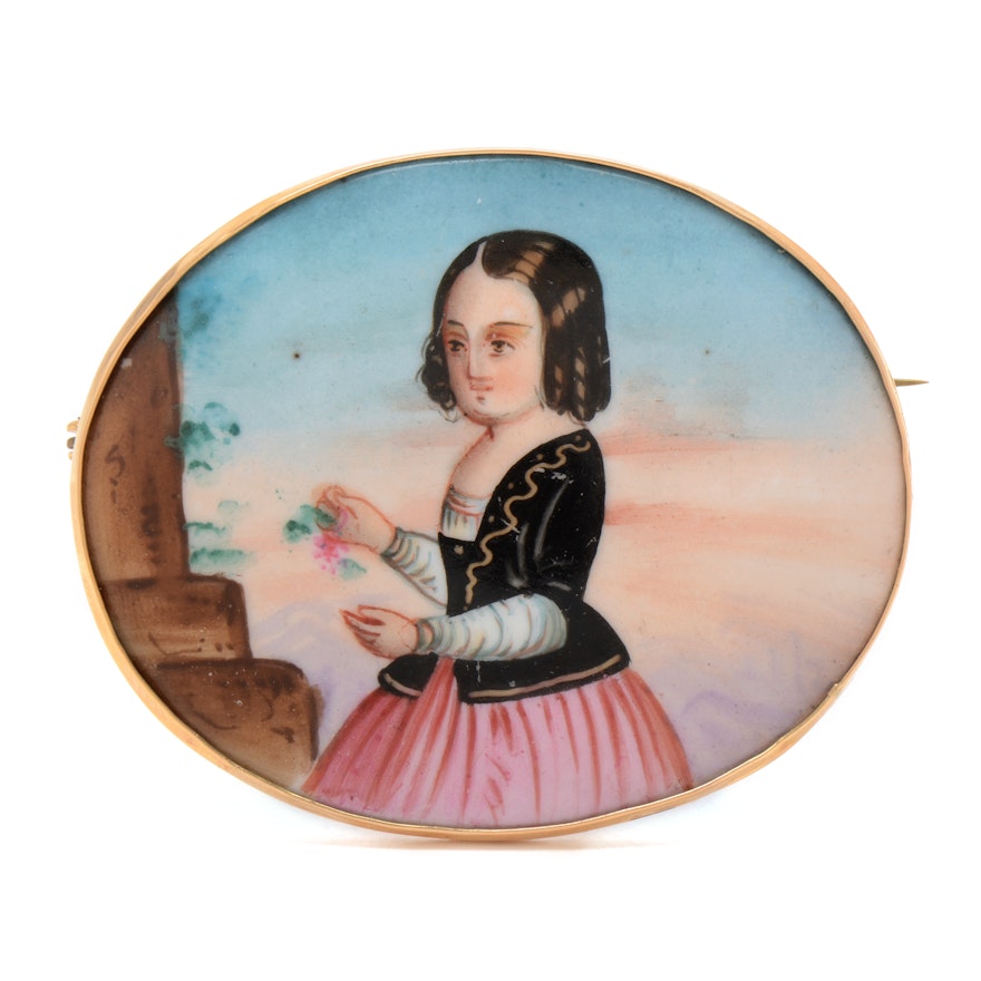 Early 20th Century 10K Yellow Gold Hand-Painted Porcelain Portrait Brooch