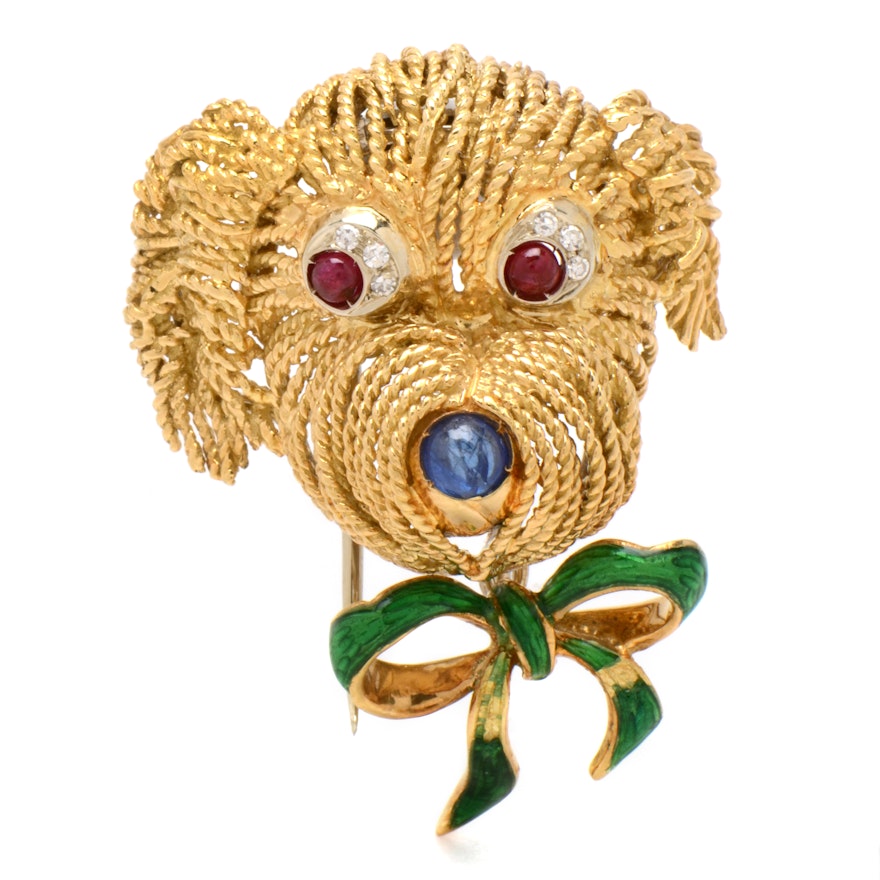 18K Yellow Gold Diamond, Ruby and Sapphire Fur Clip